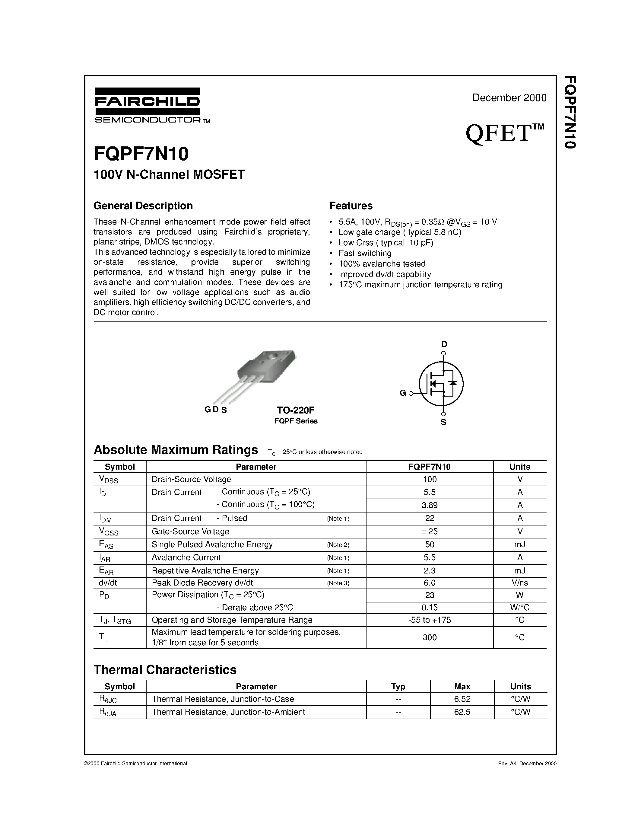 Datasheet FQPF7N10 - 100V LOGIC N-Channel MOSFET page 1