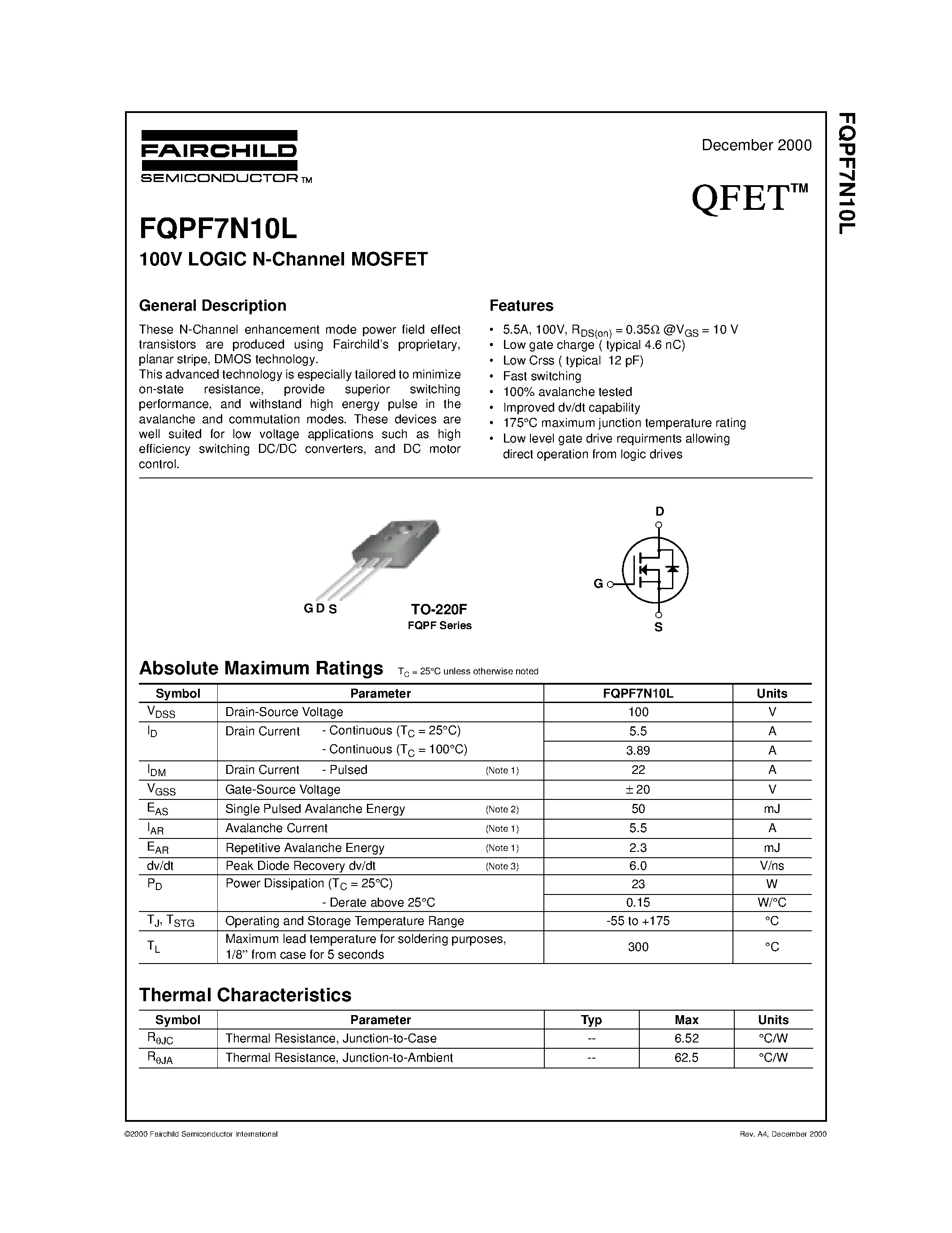 Datasheet FQPF7N10L - 100V LOGIC N-Channel MOSFET page 1