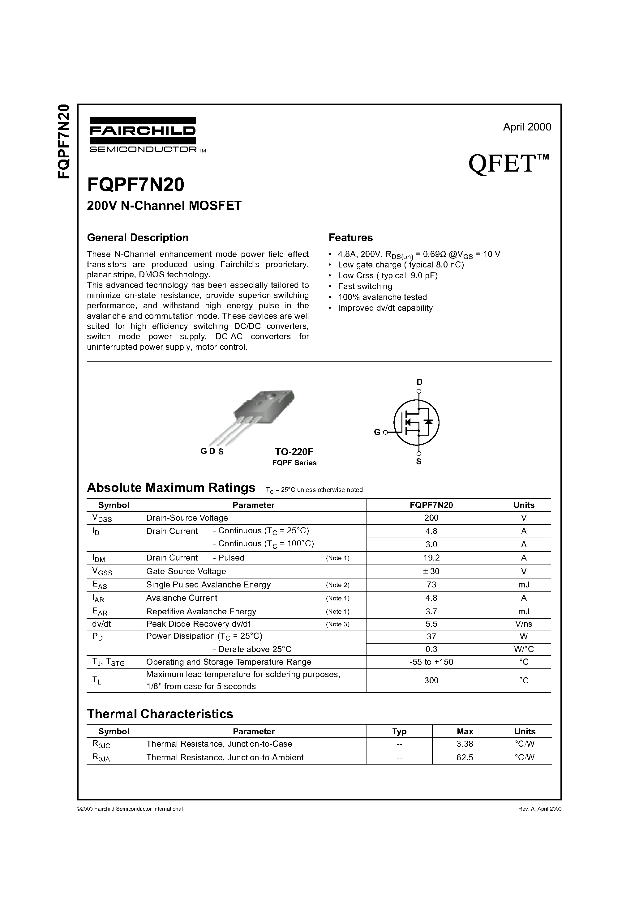 Datasheet FQPF7N20 - 200V N-Channel MOSFET page 1