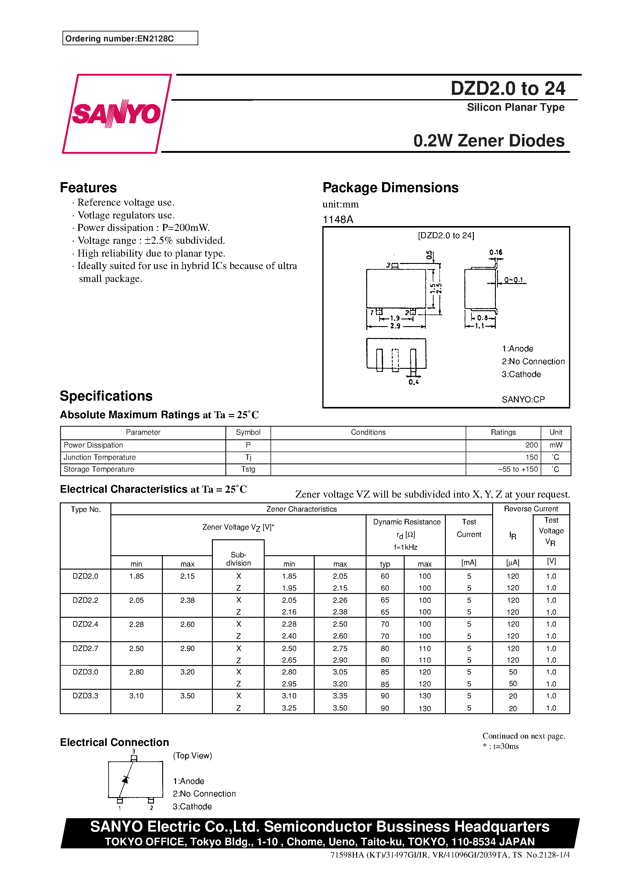 Даташит DZD3.0 - 0.2W Zener Diodes страница 1