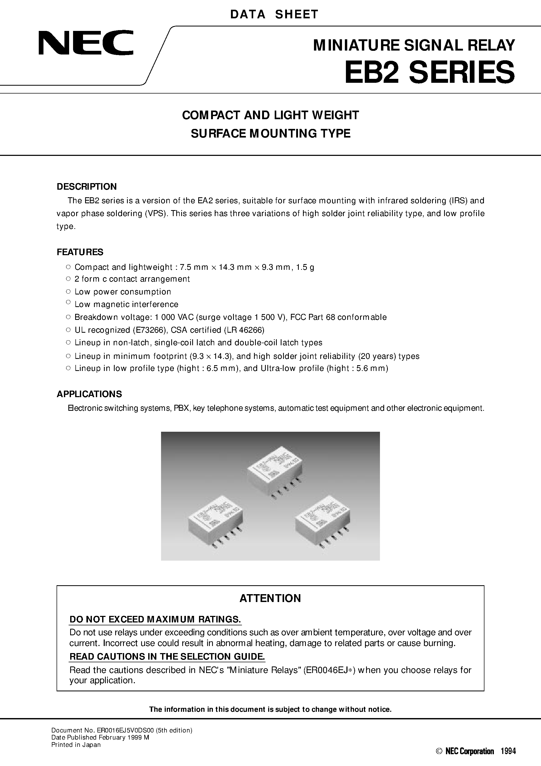 Datasheet EB2-12-L - COMPACT AND LIGHT WEIGHT SURFACE MOUNTING TYPE page 1