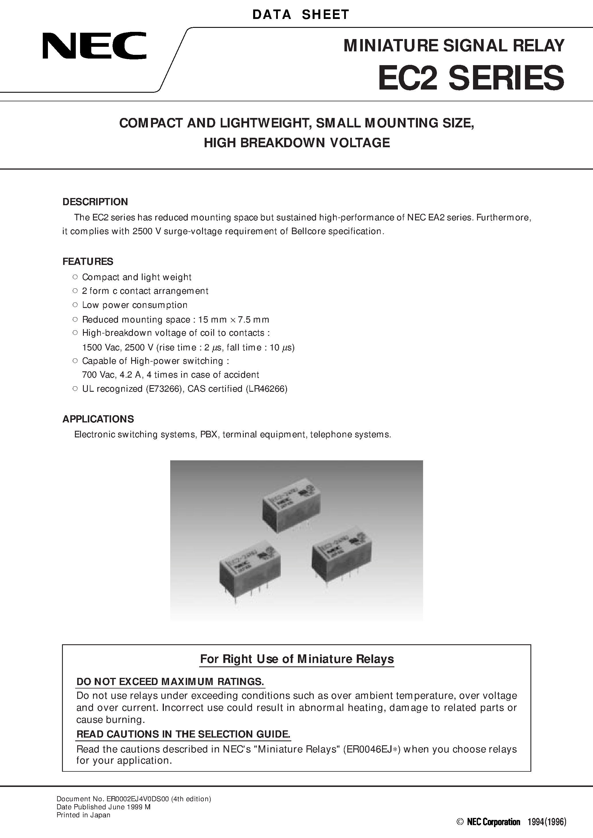 Даташит EC2-6 - COMPACT AND LIGHTWEIGHT/ SMALL MOUNTING SIZE/ HIGH BREAKDOWN VOLTAGE страница 1