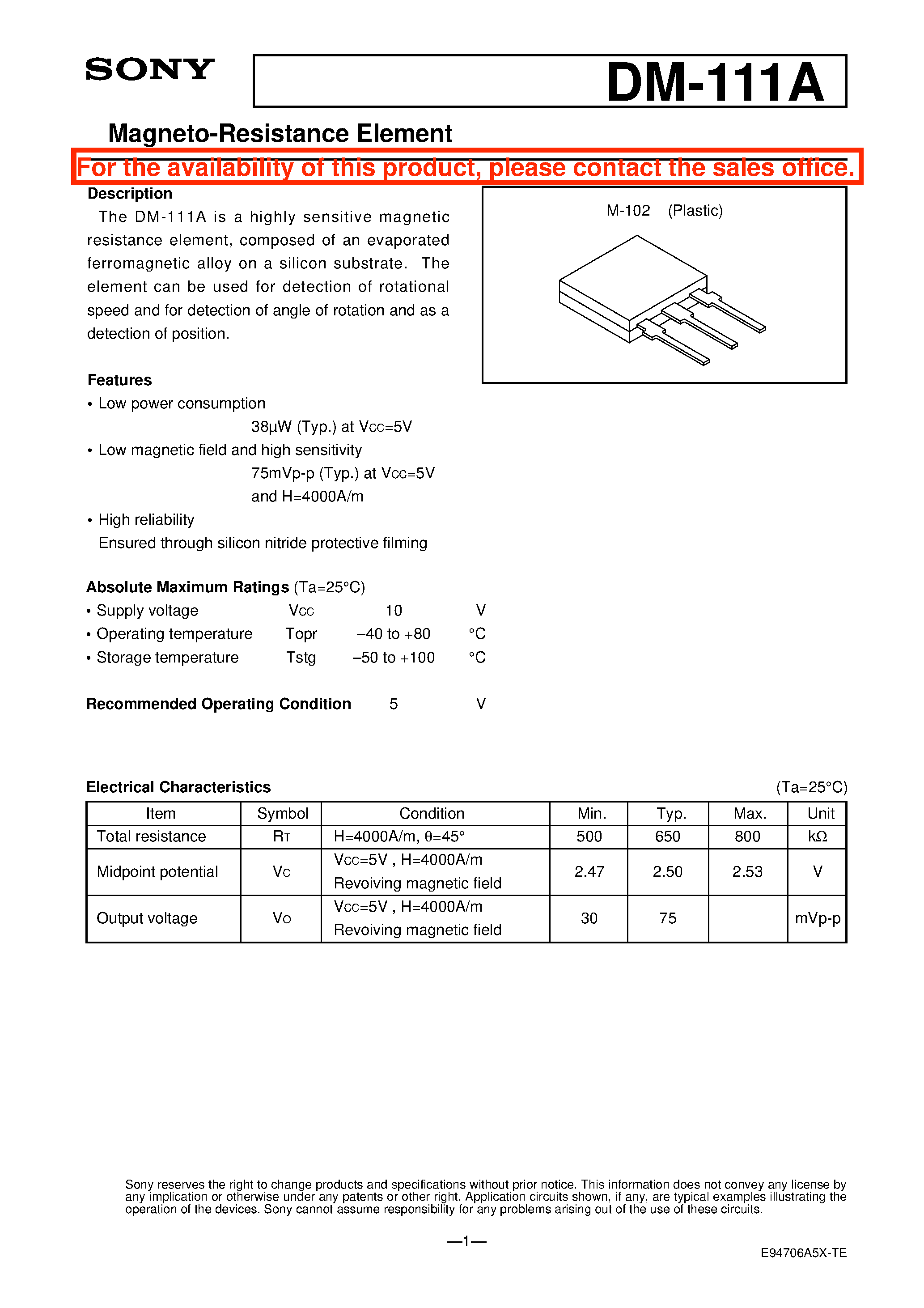 Datasheet DM-111A - Magneto-Resistance Element page 1