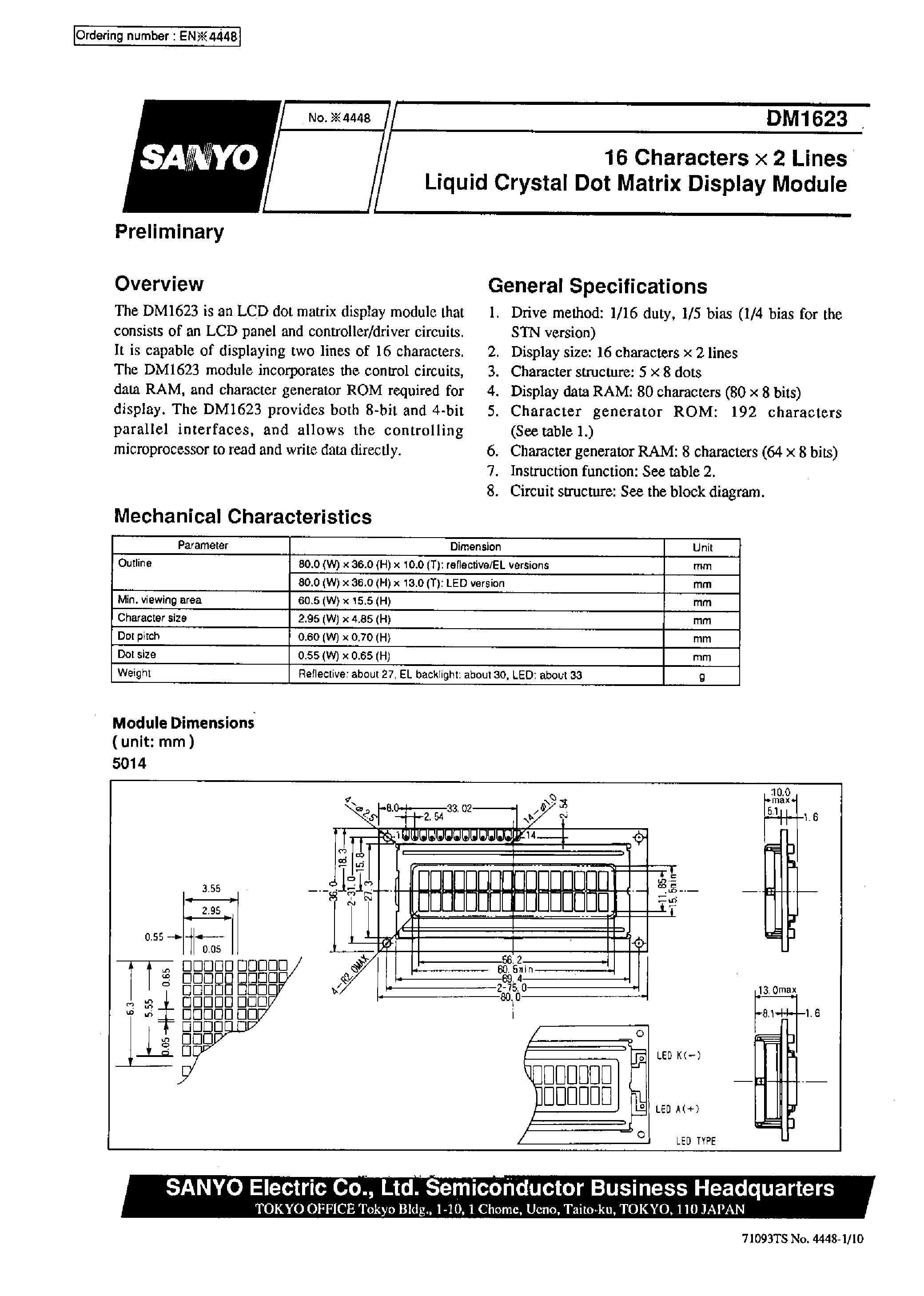 Даташит DM1623-1CL3 - 16 characters x 2 line Liquid Crystal Dot Matrix Display Module страница 1