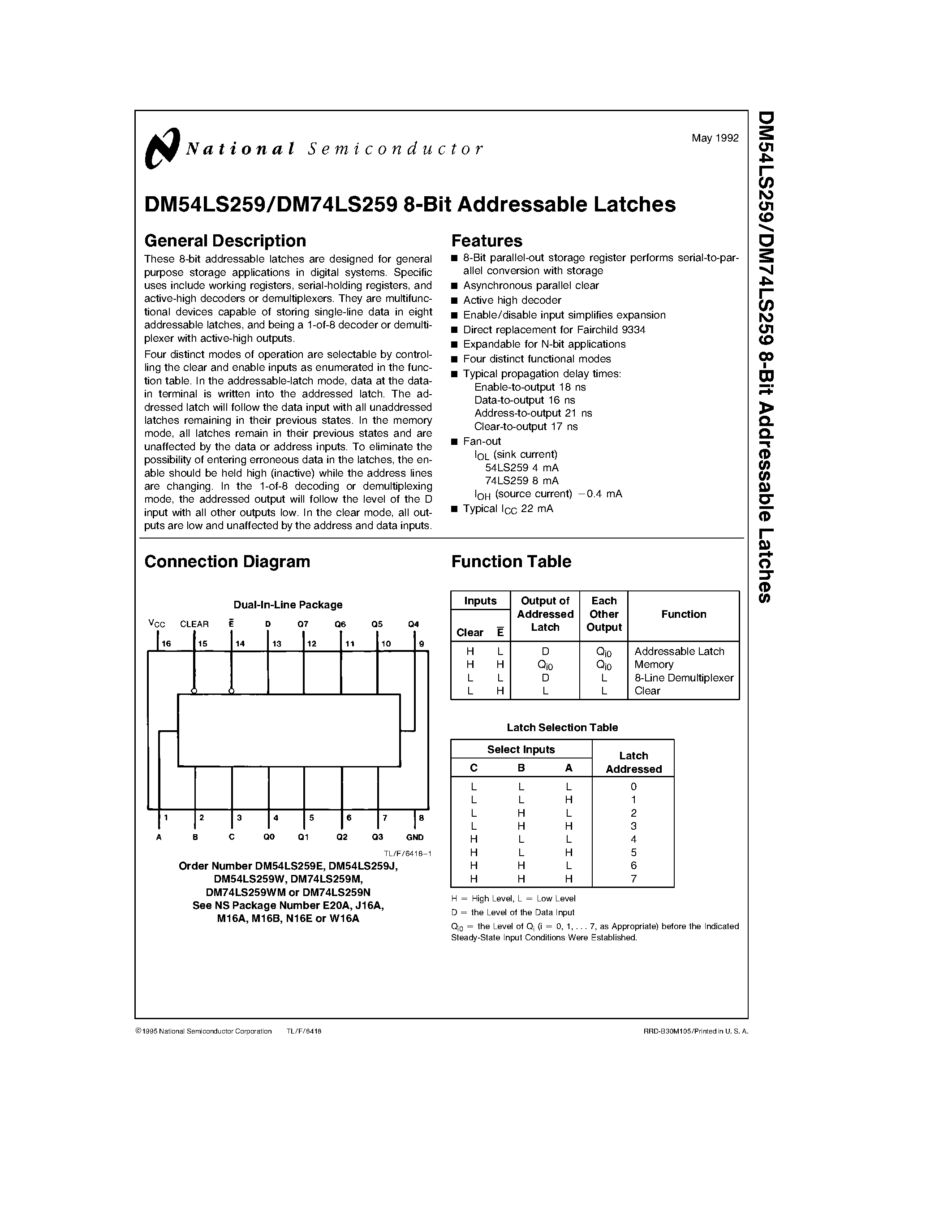 Datasheet DM54LS25 - 8-Bit Addressable Latches page 1