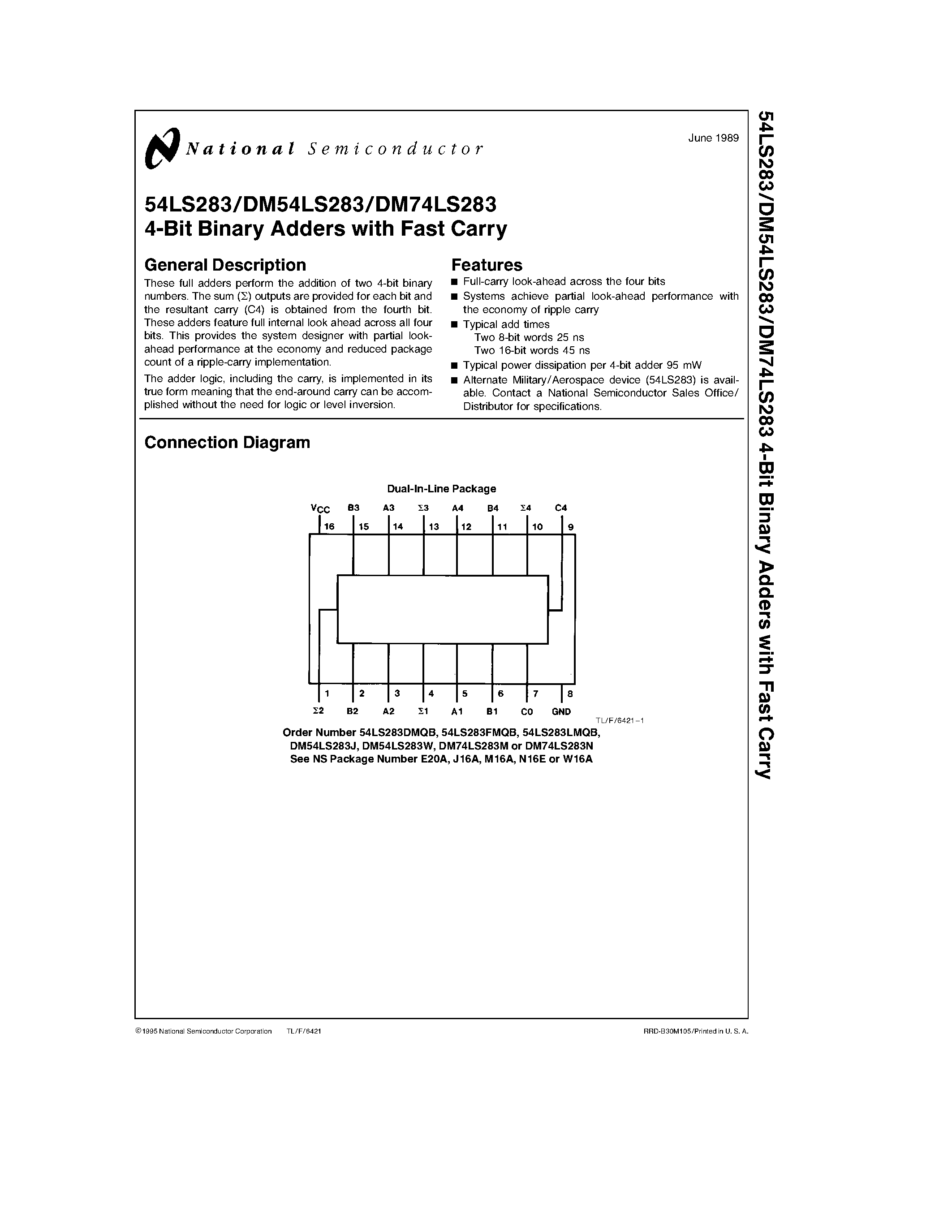 Datasheet DM54LS283 - 4-Bit Binary Adders with Fast Carry page 1