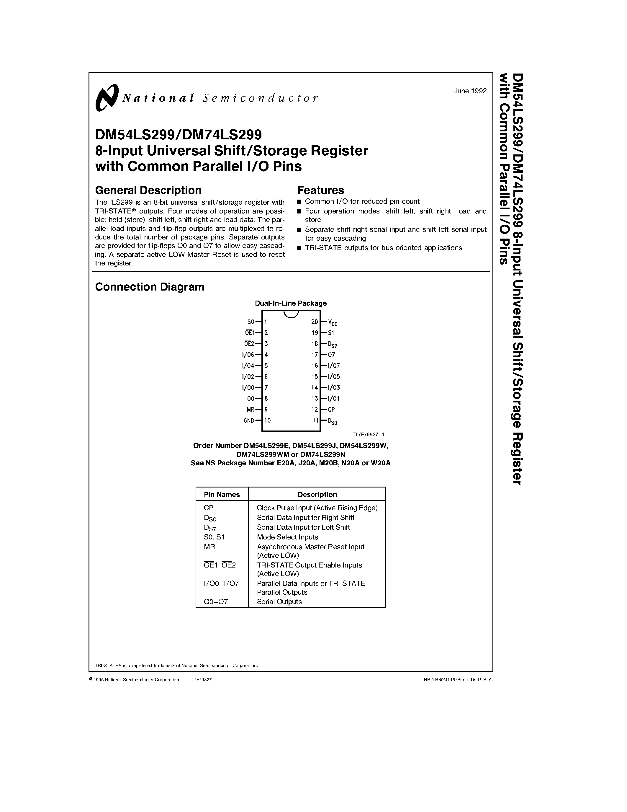 Даташит DM54LS299 - 8-Input Universal Shift/Storage Register with Common Parallel I/O Pins страница 1