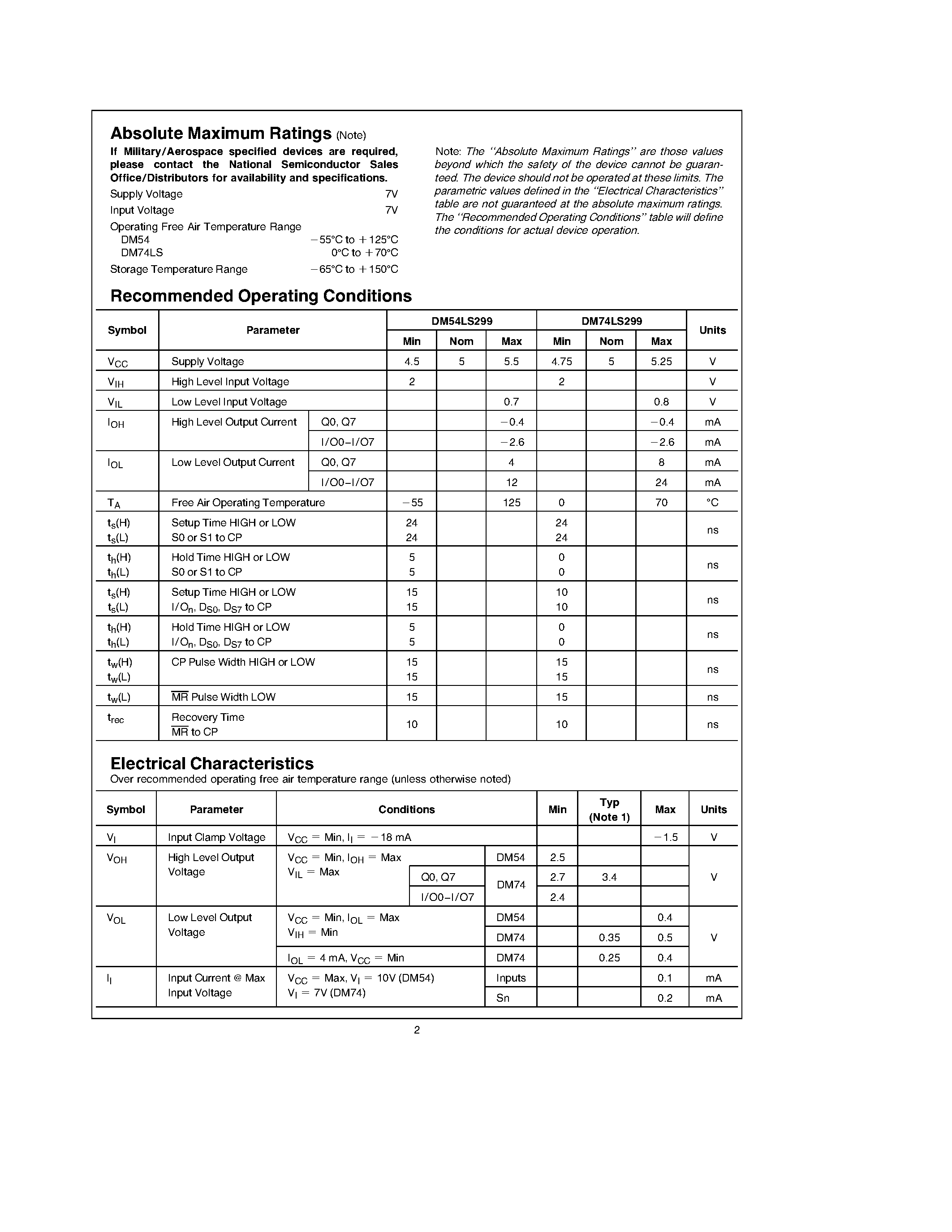 Даташит DM54LS299 - 8-Input Universal Shift/Storage Register with Common Parallel I/O Pins страница 2