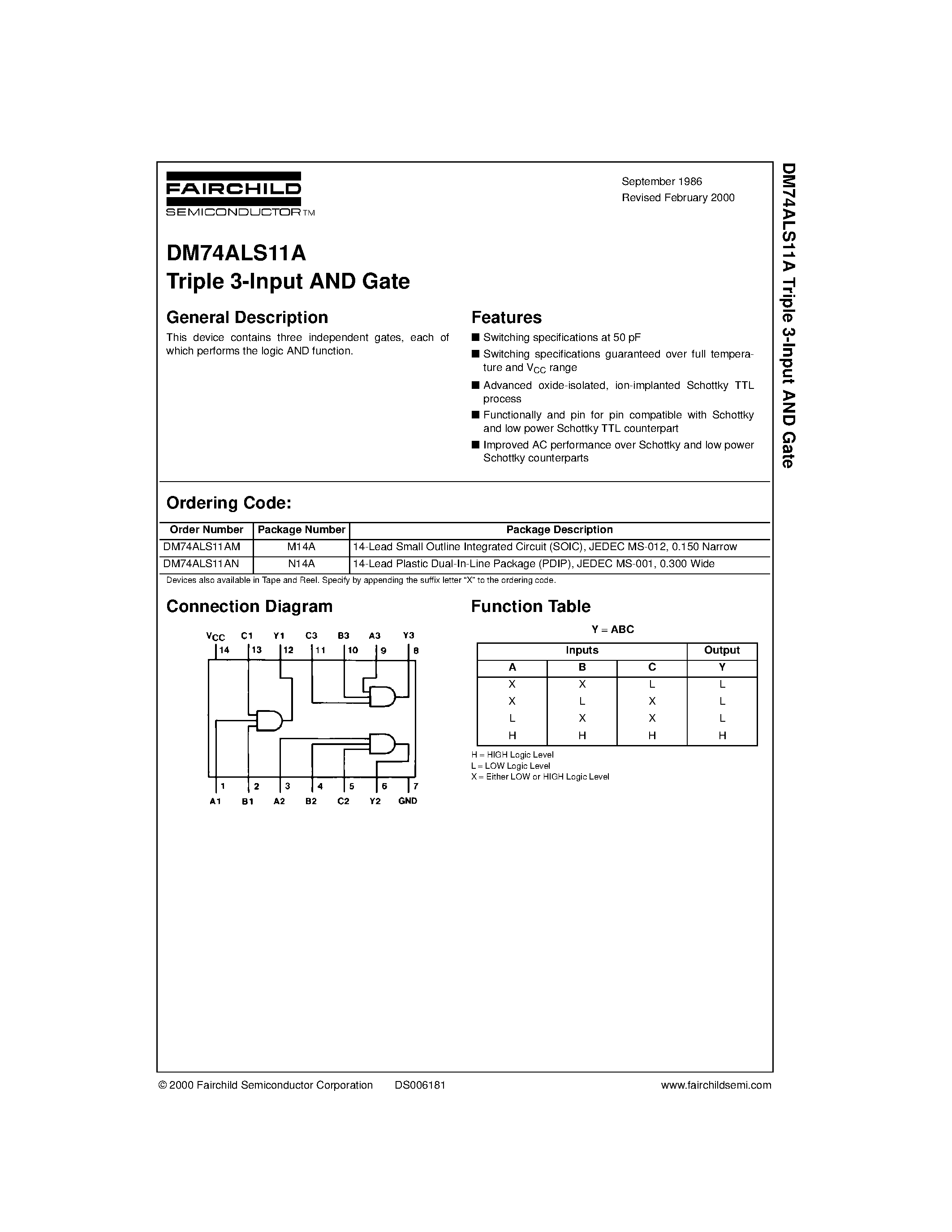 Datasheet DM74ALS11AN - Triple 3-Input AND Gate page 1