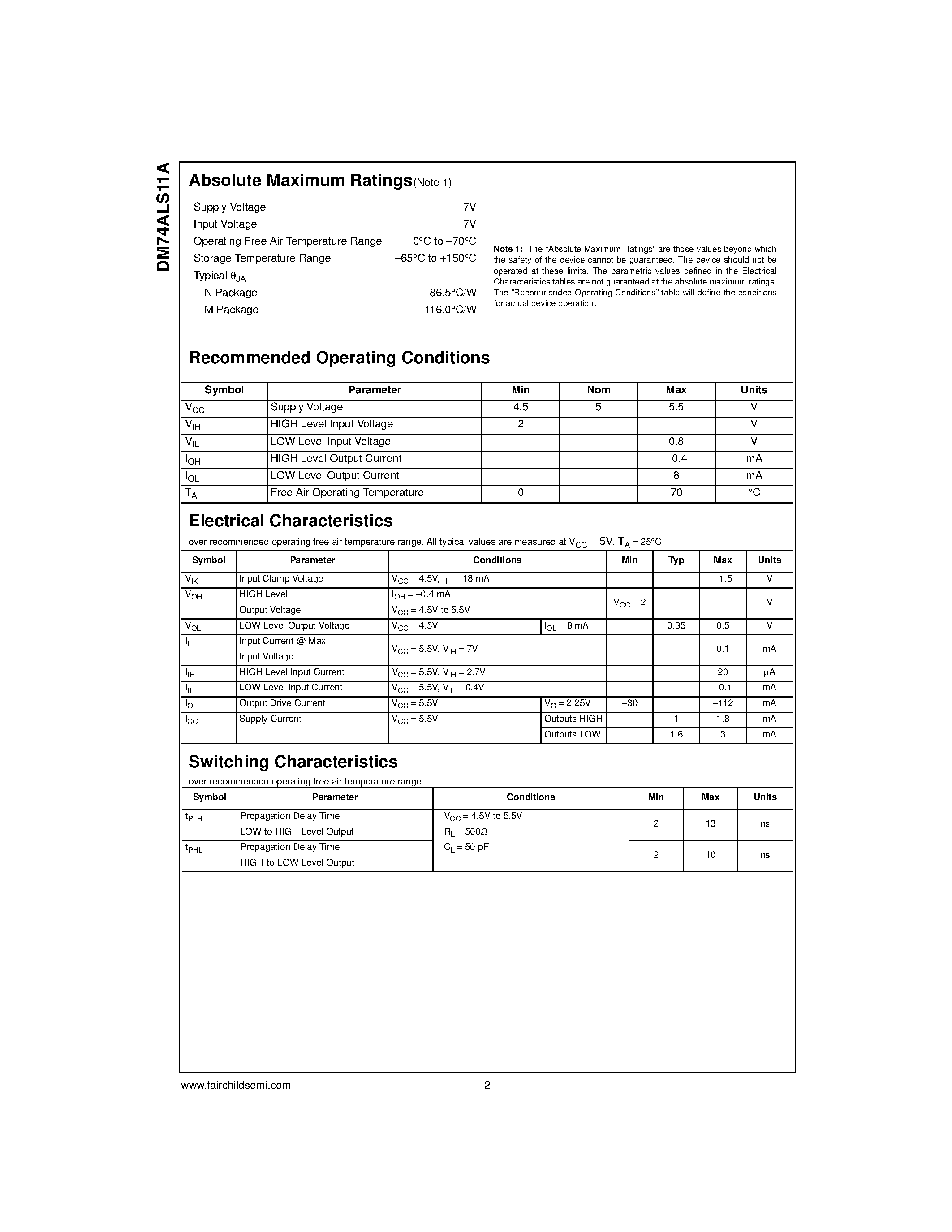 Datasheet DM74ALS11AN - Triple 3-Input AND Gate page 2