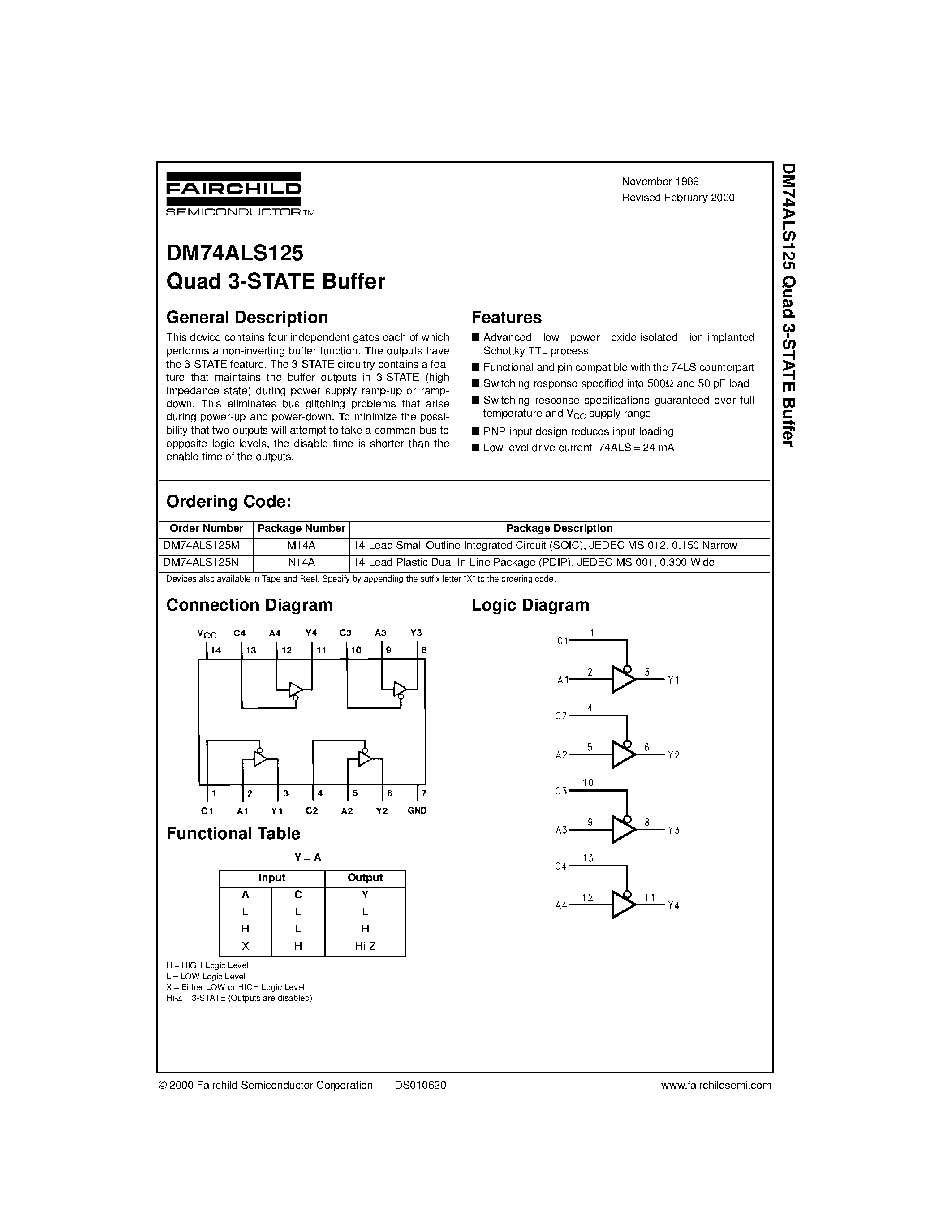 Datasheet DM74ALS125M - Quad 3-STATE Buffer page 1