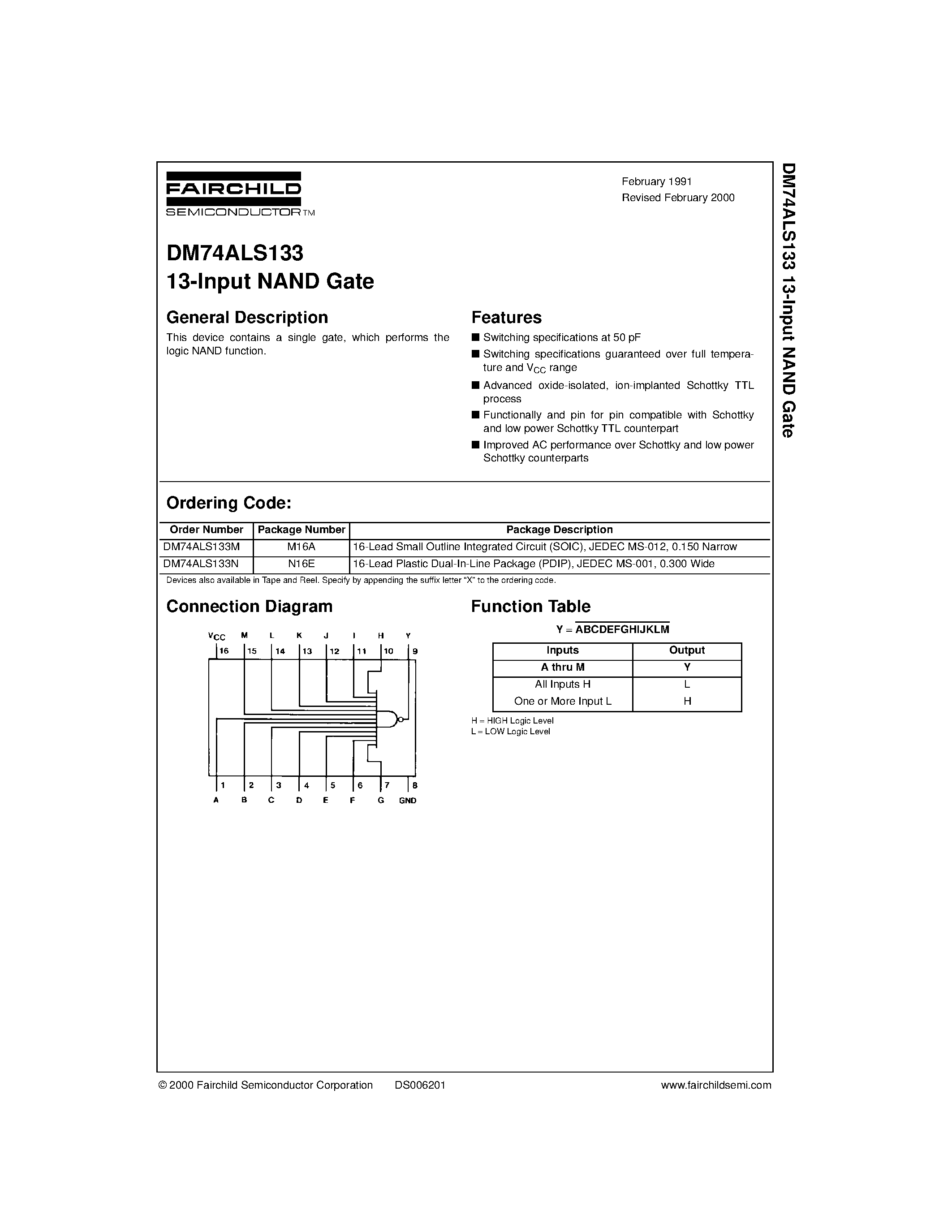 Datasheet DM74ALS133 - 13-Input NAND Gate page 1