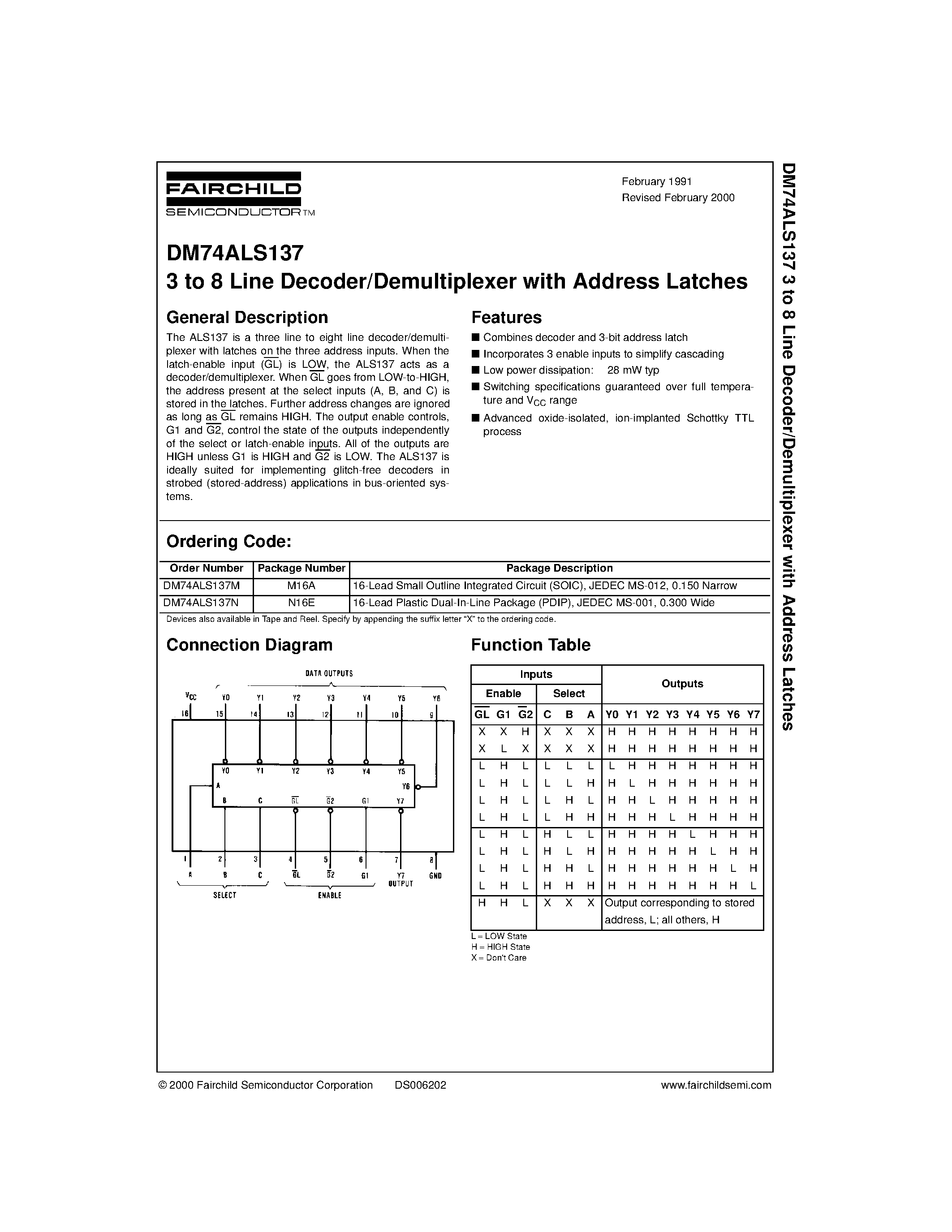 Datasheet DM74ALS137 - 3 to 8 Line Decoder/Demultiplexer with Address Latches page 1