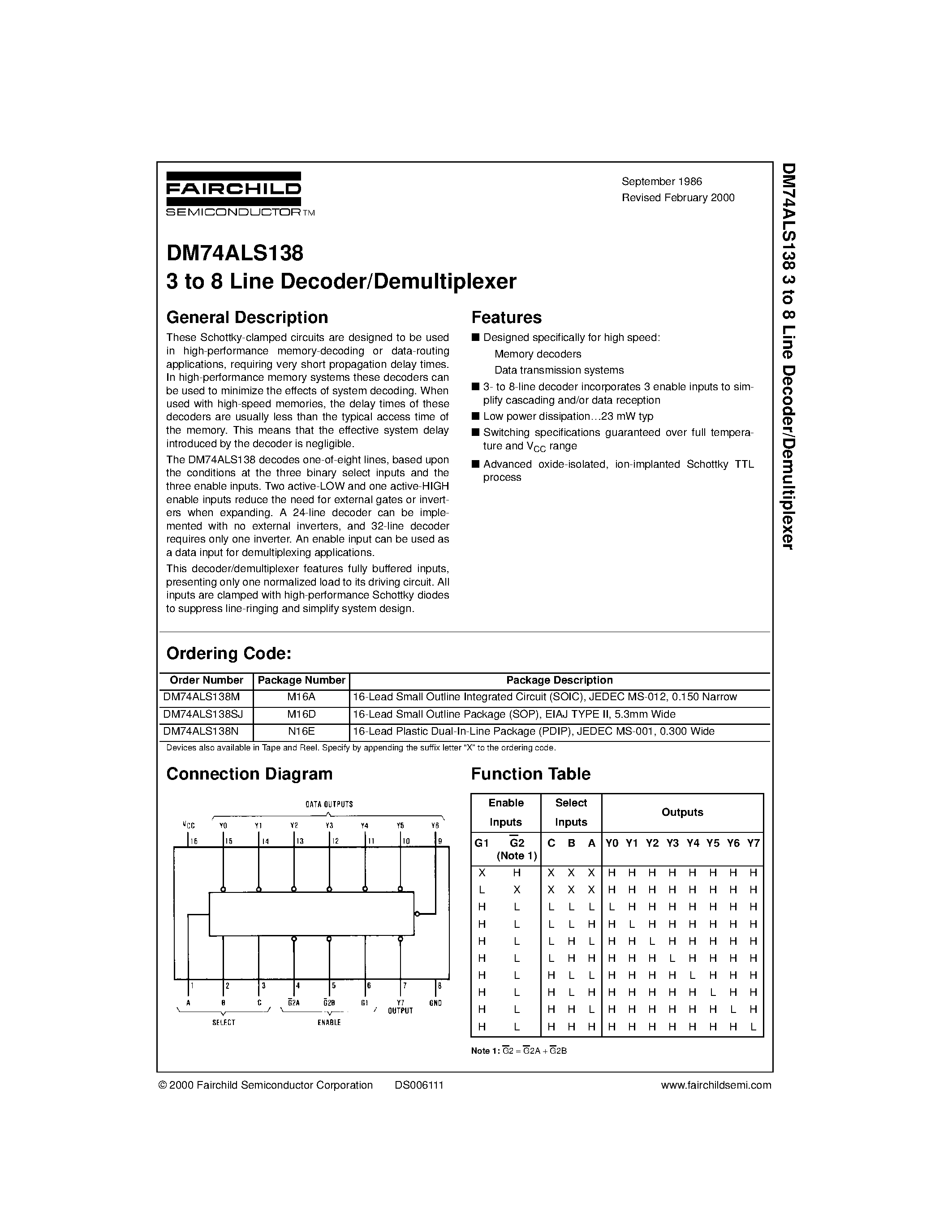 Datasheet DM74ALS138 - 3 to 8 Line Decoder/Demultiplexer page 1