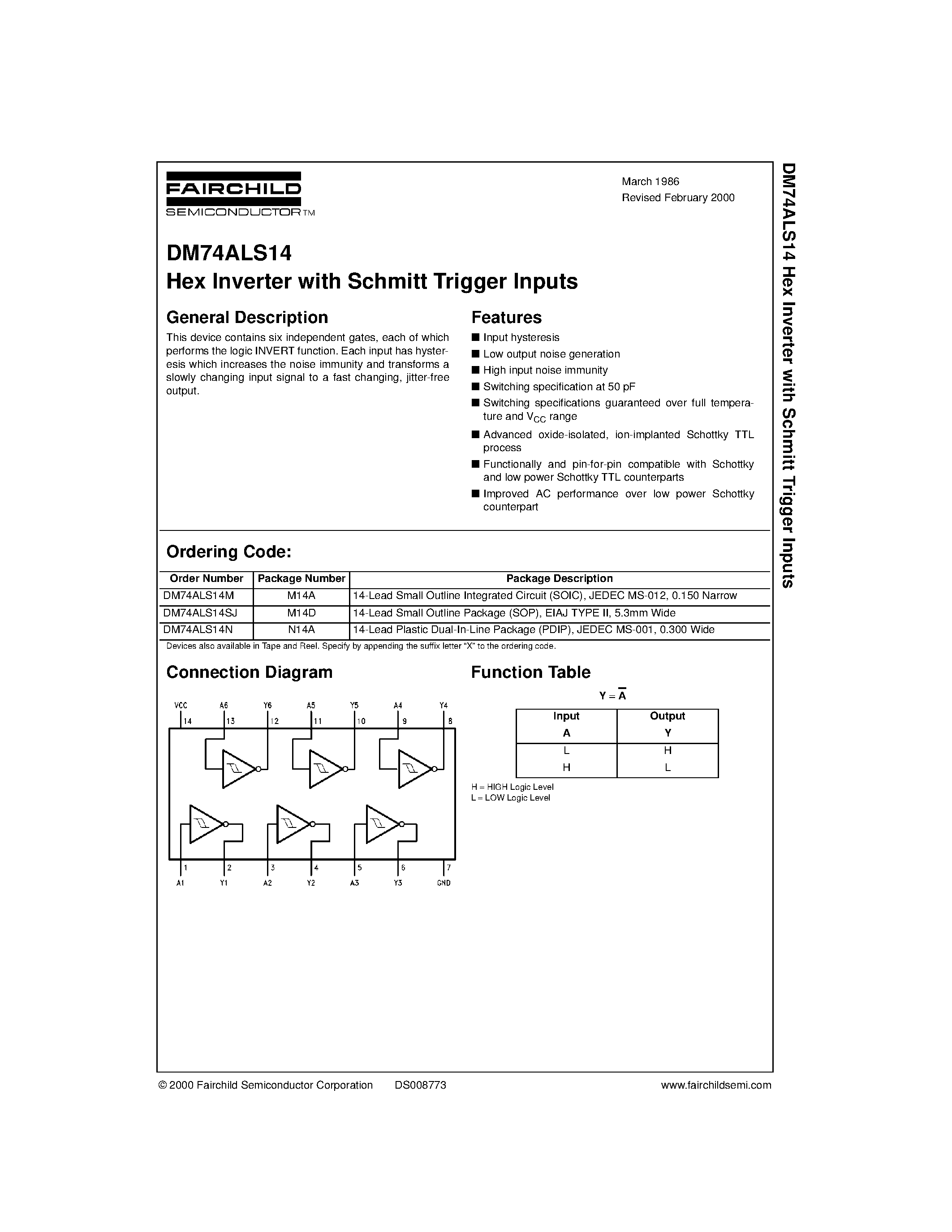 Datasheet DM74ALS14 - Hex Inverter with Schmitt Trigger Inputs page 1