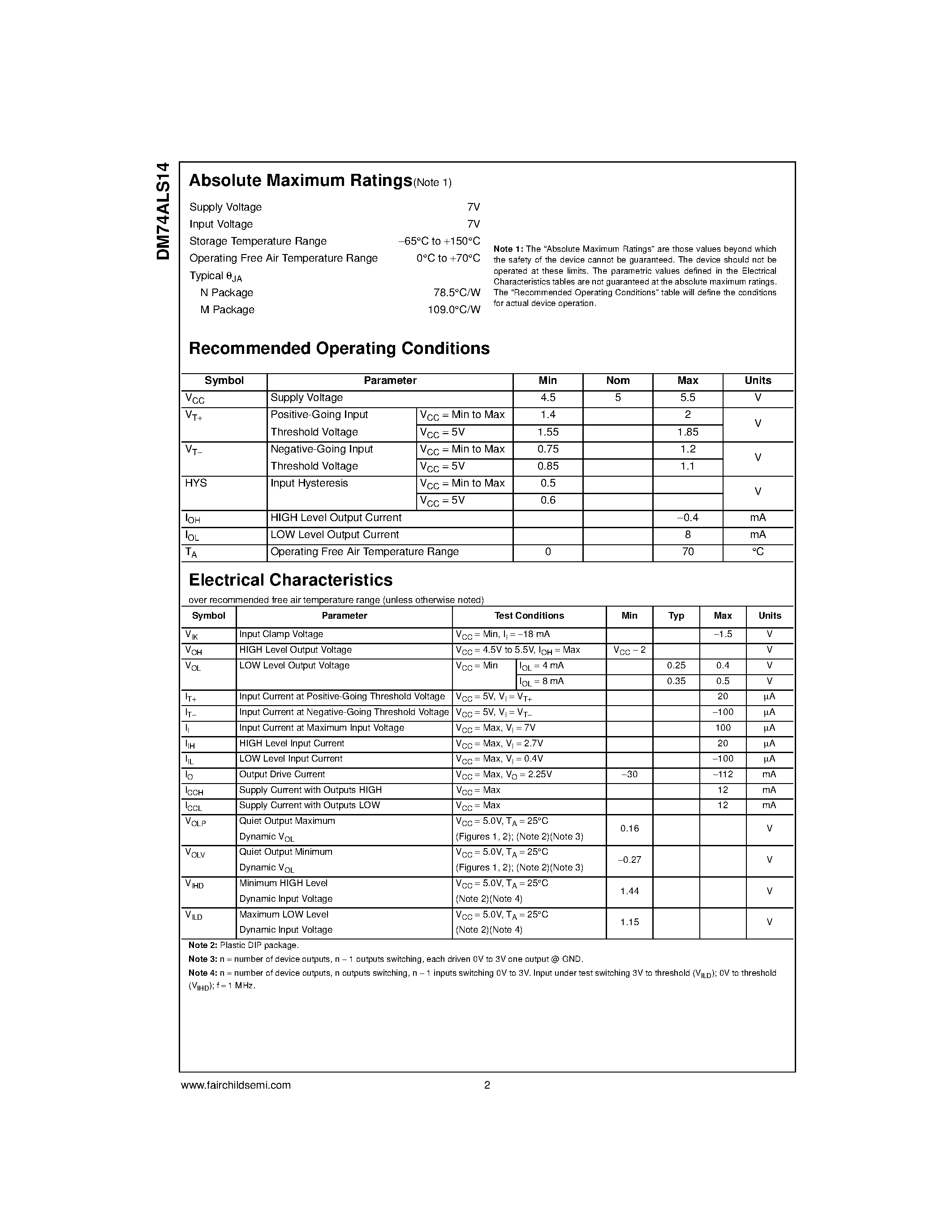 Datasheet DM74ALS14 - Hex Inverter with Schmitt Trigger Inputs page 2