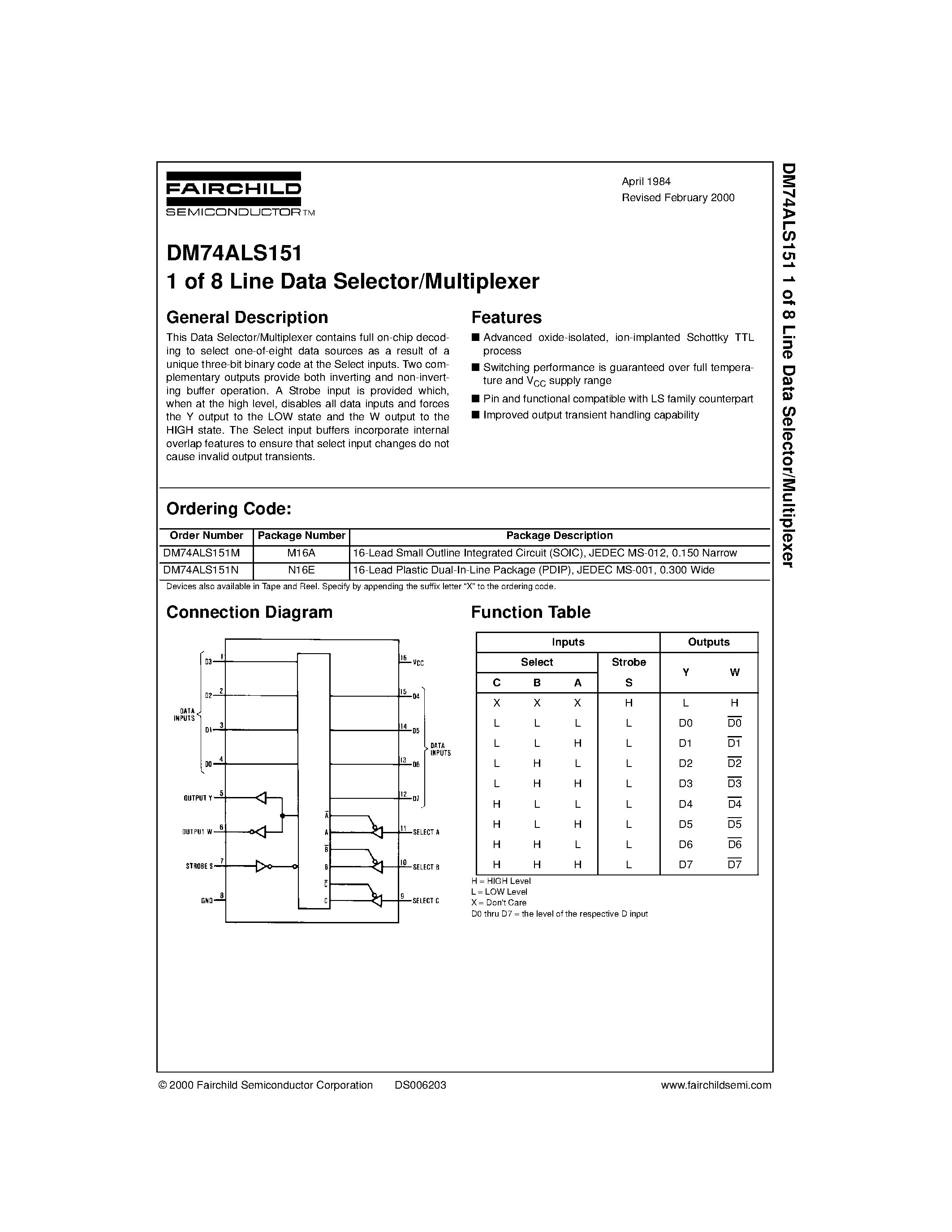 Datasheet DM74ALS151 - 1 of 8 Line Data Selector/Multiplexer page 1