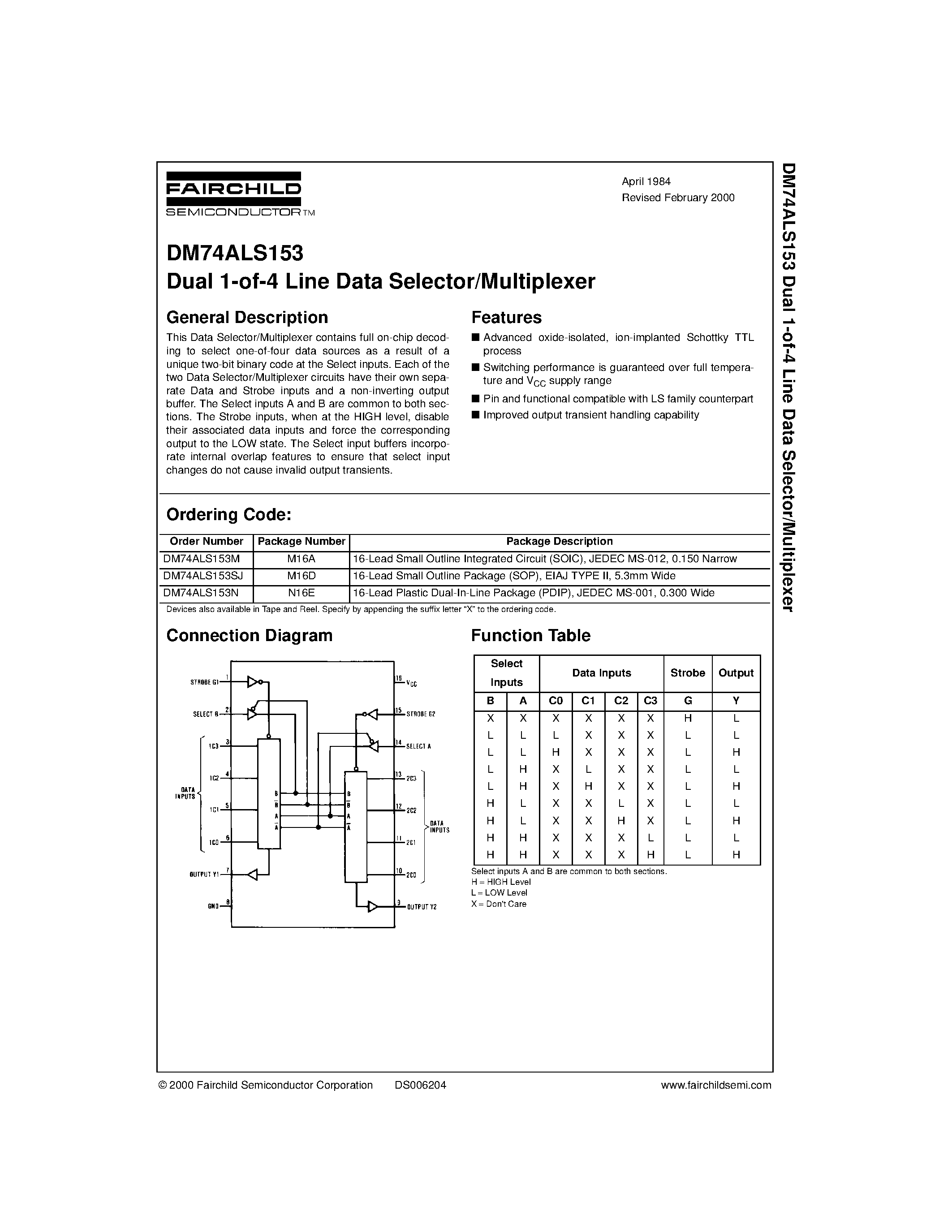 Datasheet DM74ALS153 - Dual 1-of-4 Line Data Selector/Multiplexer page 1