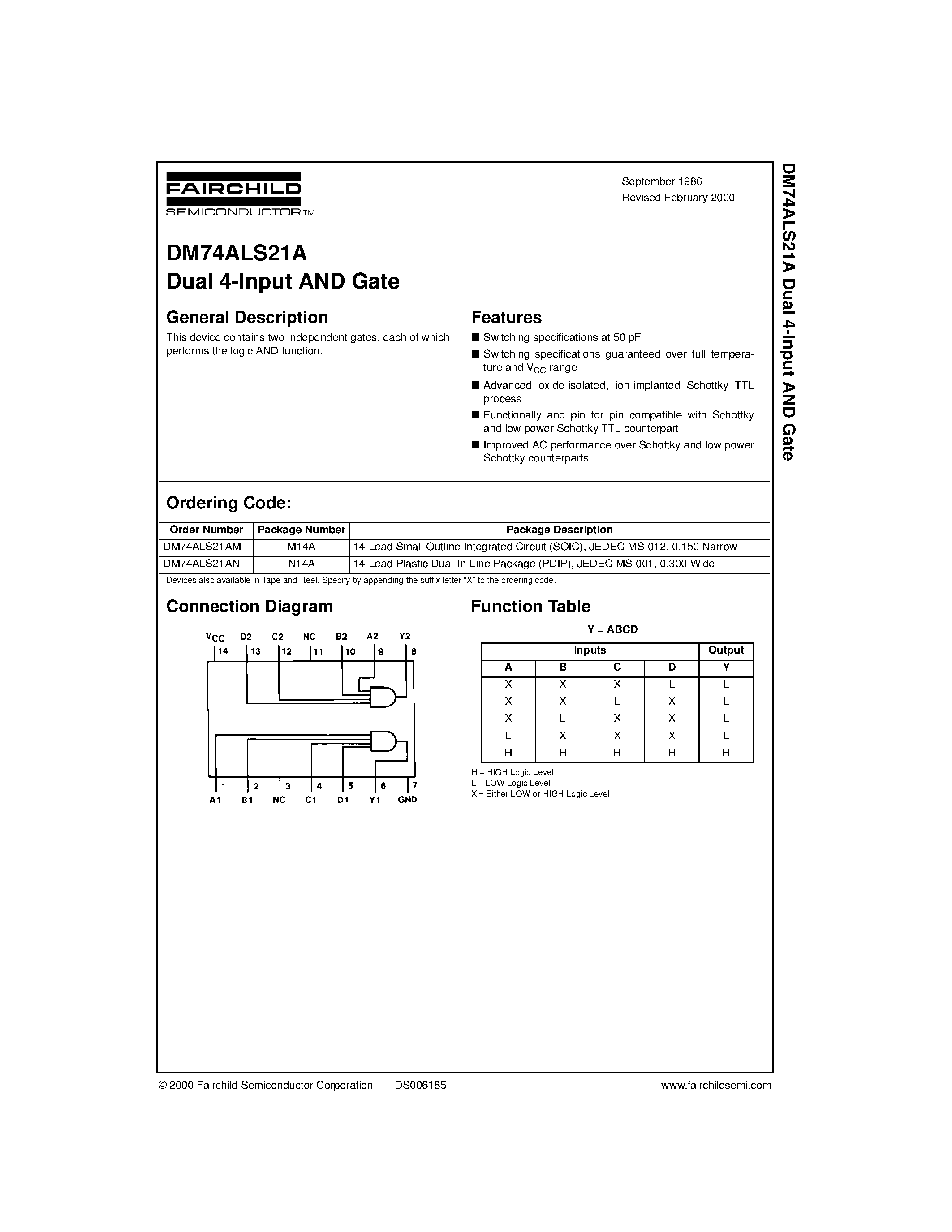 Datasheet DM74ALS21A - Dual 4-Input AND Gate page 1