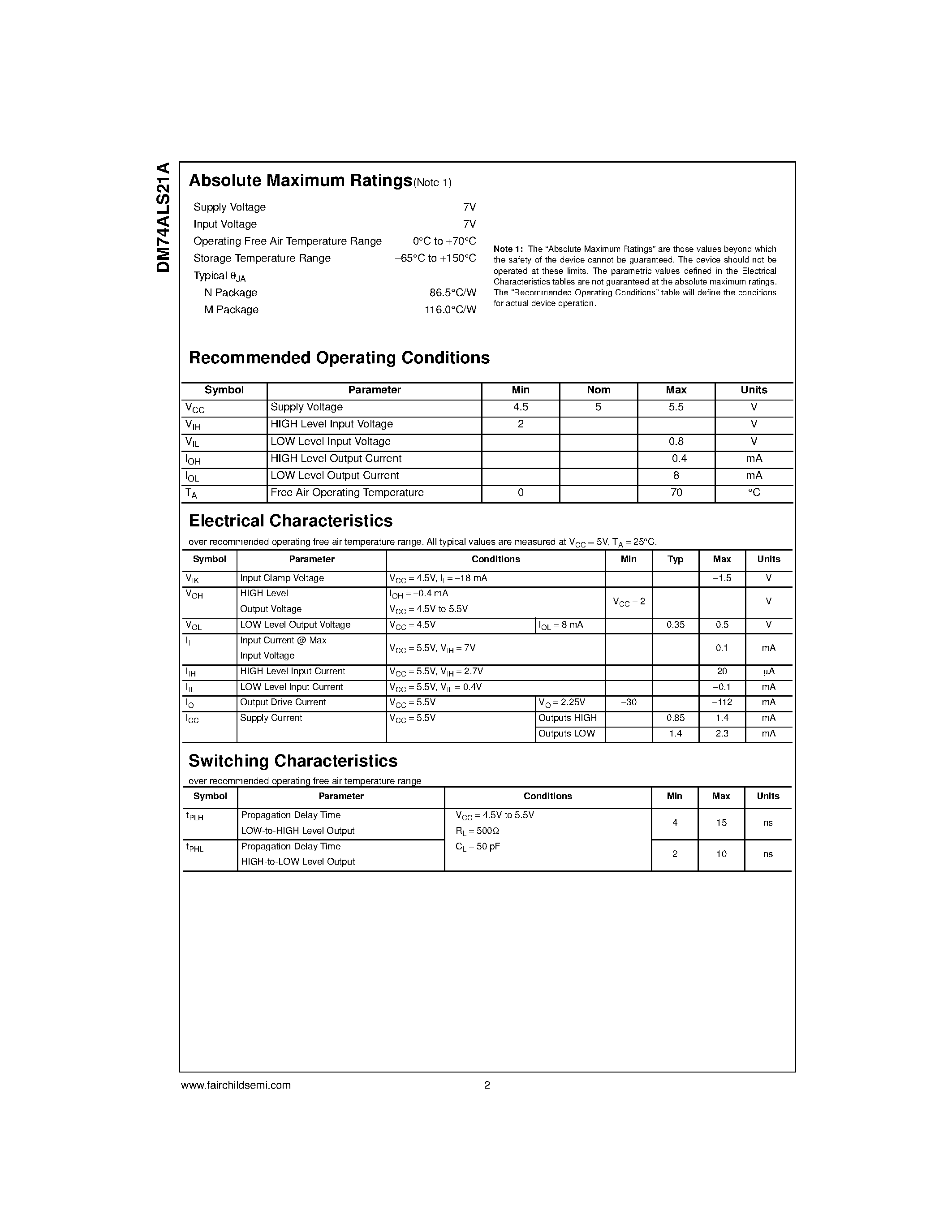 Datasheet DM74ALS21A - Dual 4-Input AND Gate page 2