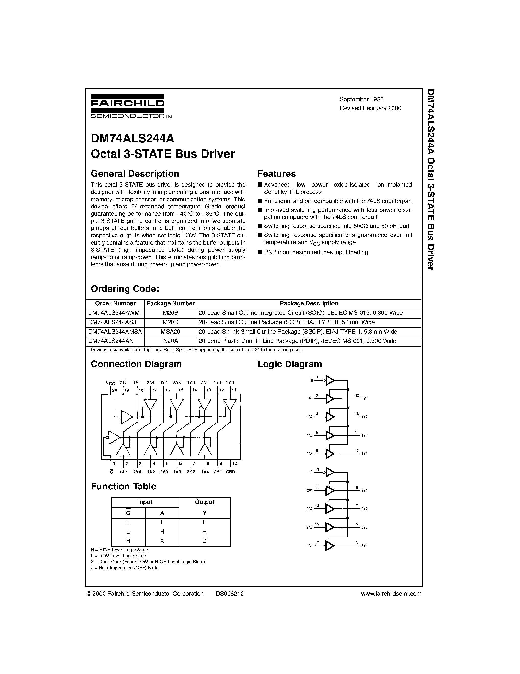 Datasheet DM74ALS244A - Octal 3-STATE Bus Driver page 1