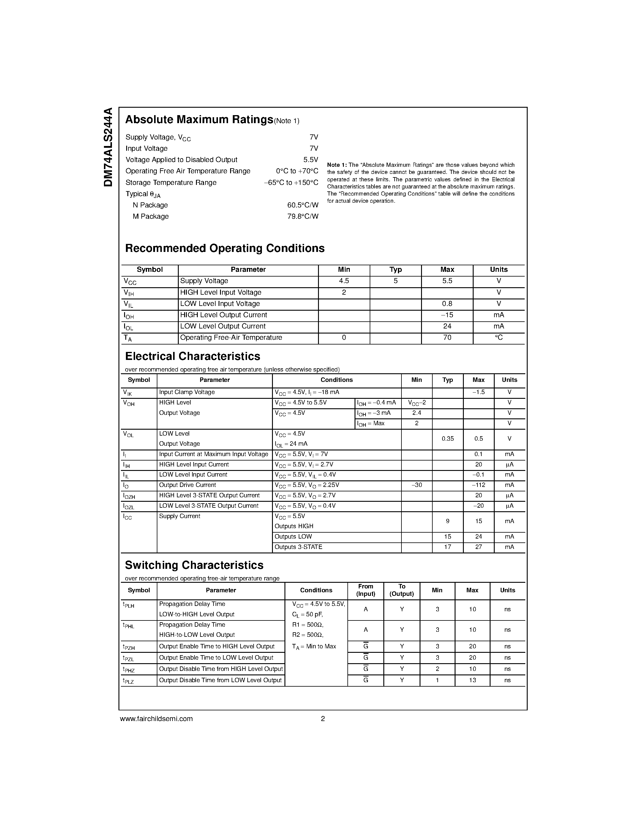 Datasheet DM74ALS244A - Octal 3-STATE Bus Driver page 2