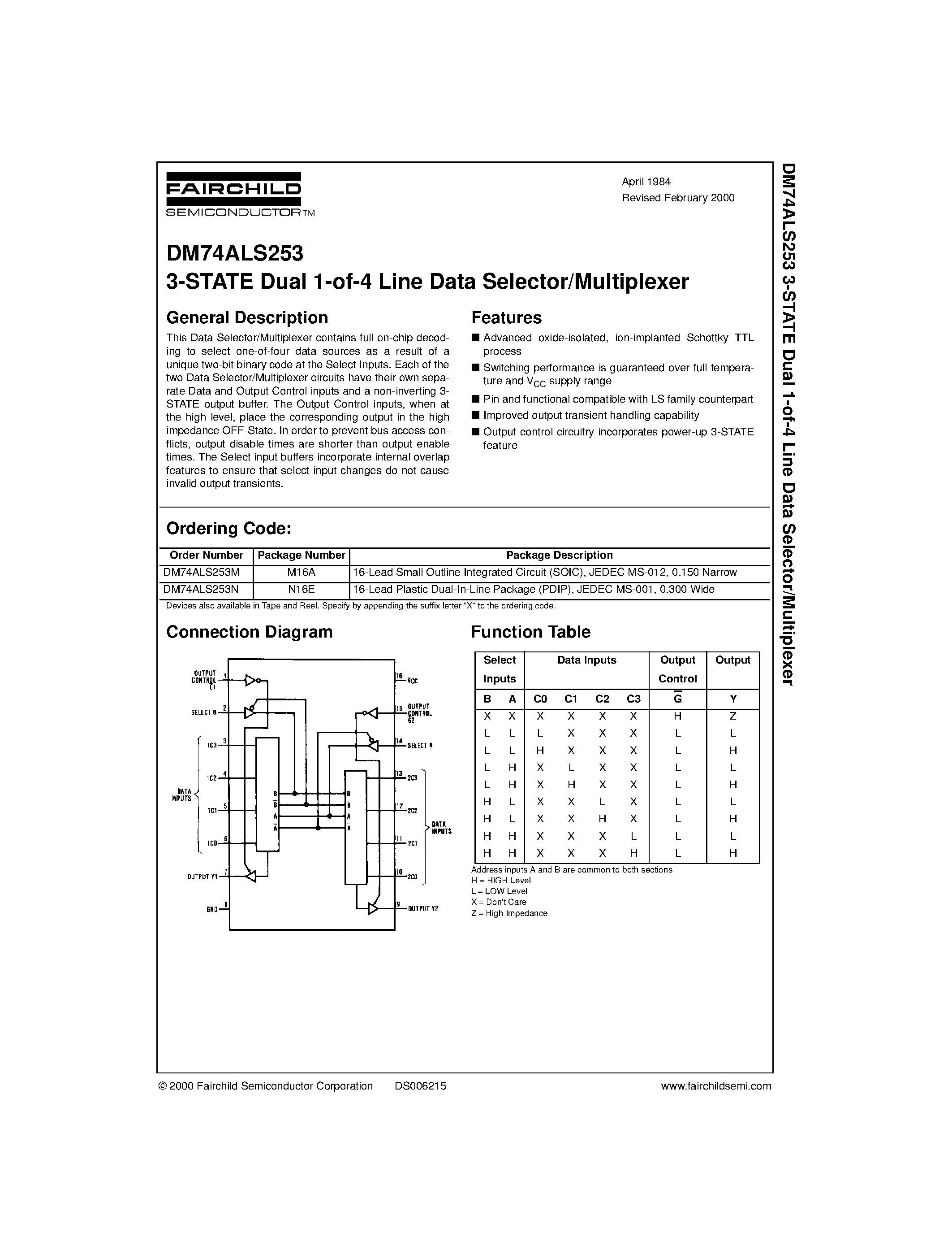 Datasheet DM74ALS253 - 3-STATE Dual 1-of-4 Line Data Selector/Multiplexer page 1