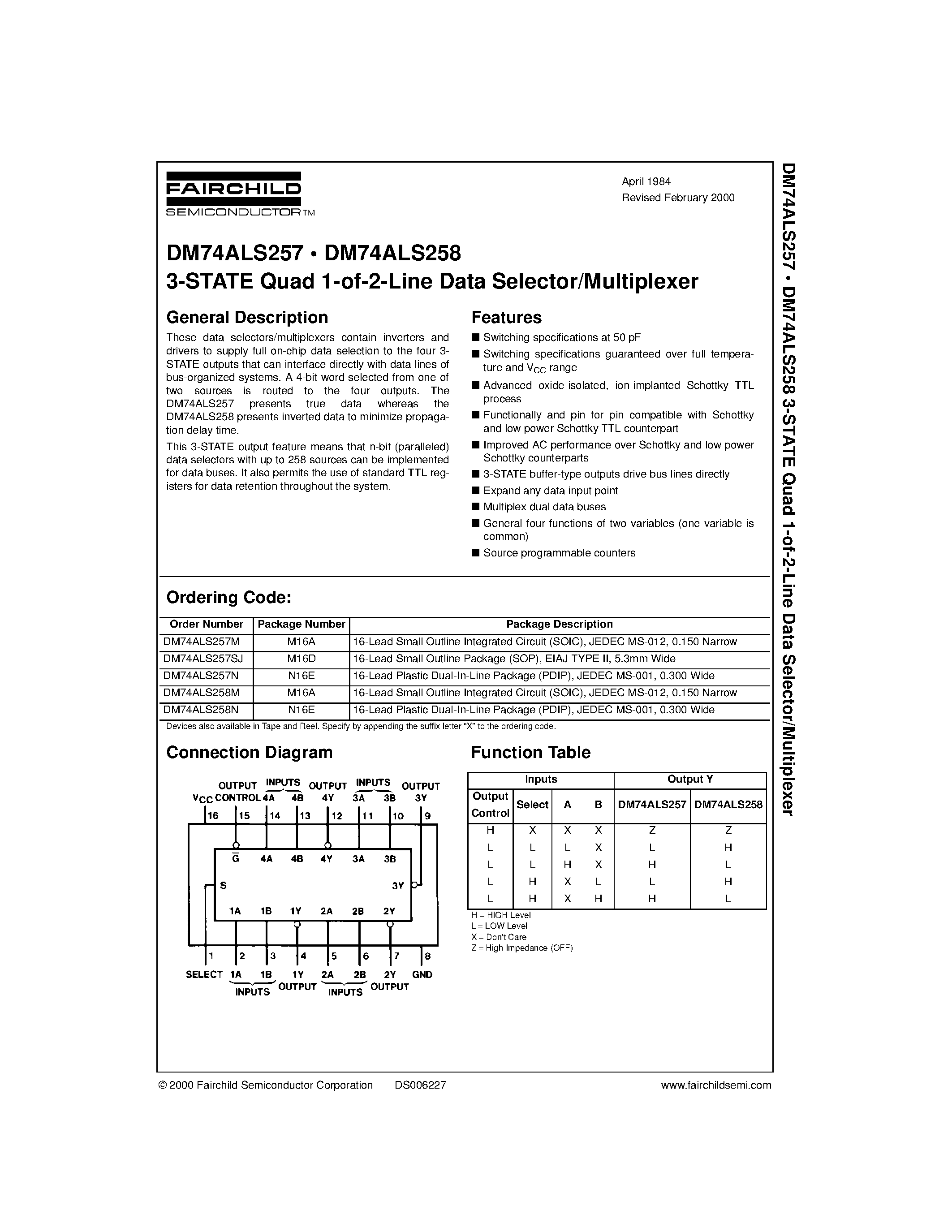 Datasheet DM74ALS257 - 3-STATE Quad 1-of-2-Line Data Selector/Multiplexer page 1