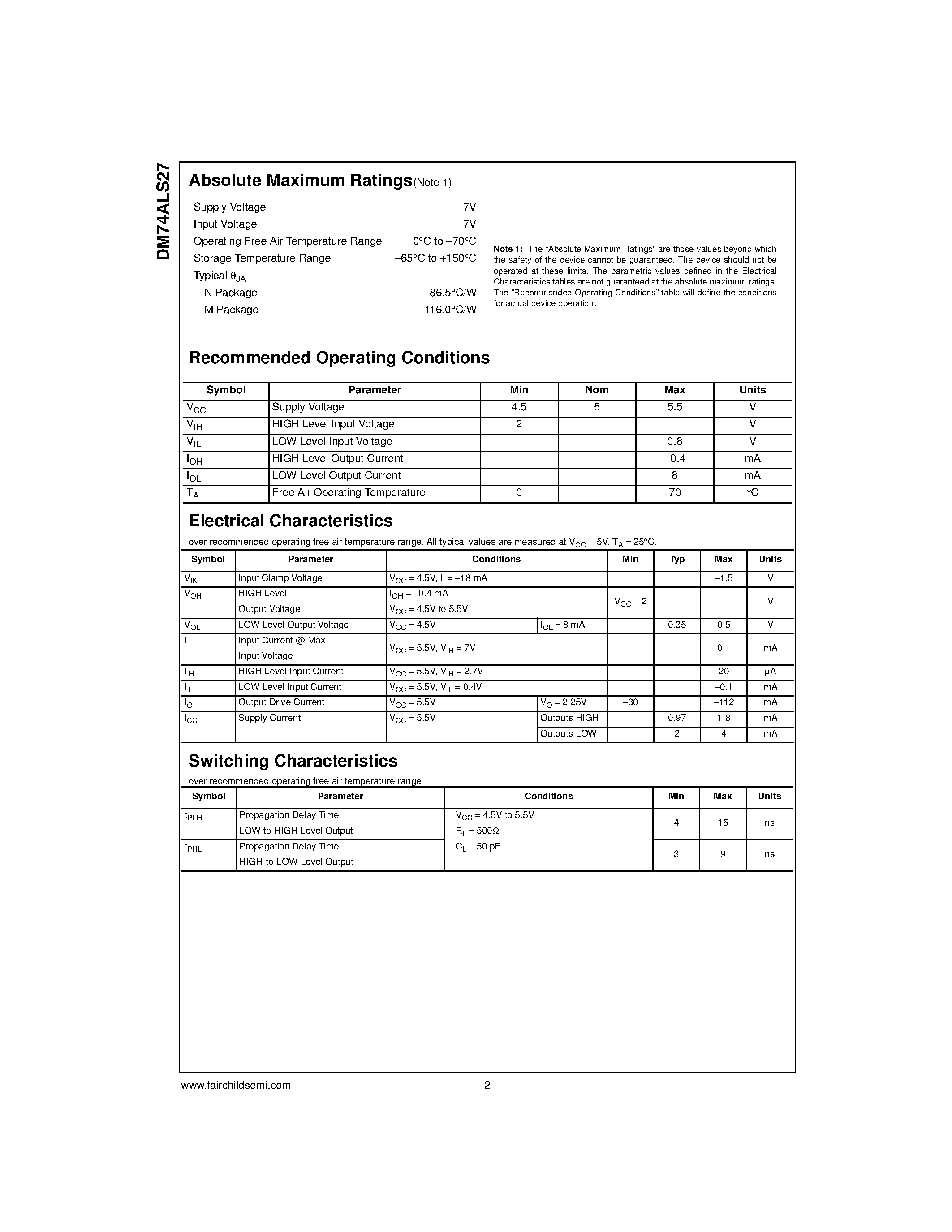 Datasheet DM74ALS27 - Triple 3-Input NOR Gate page 2