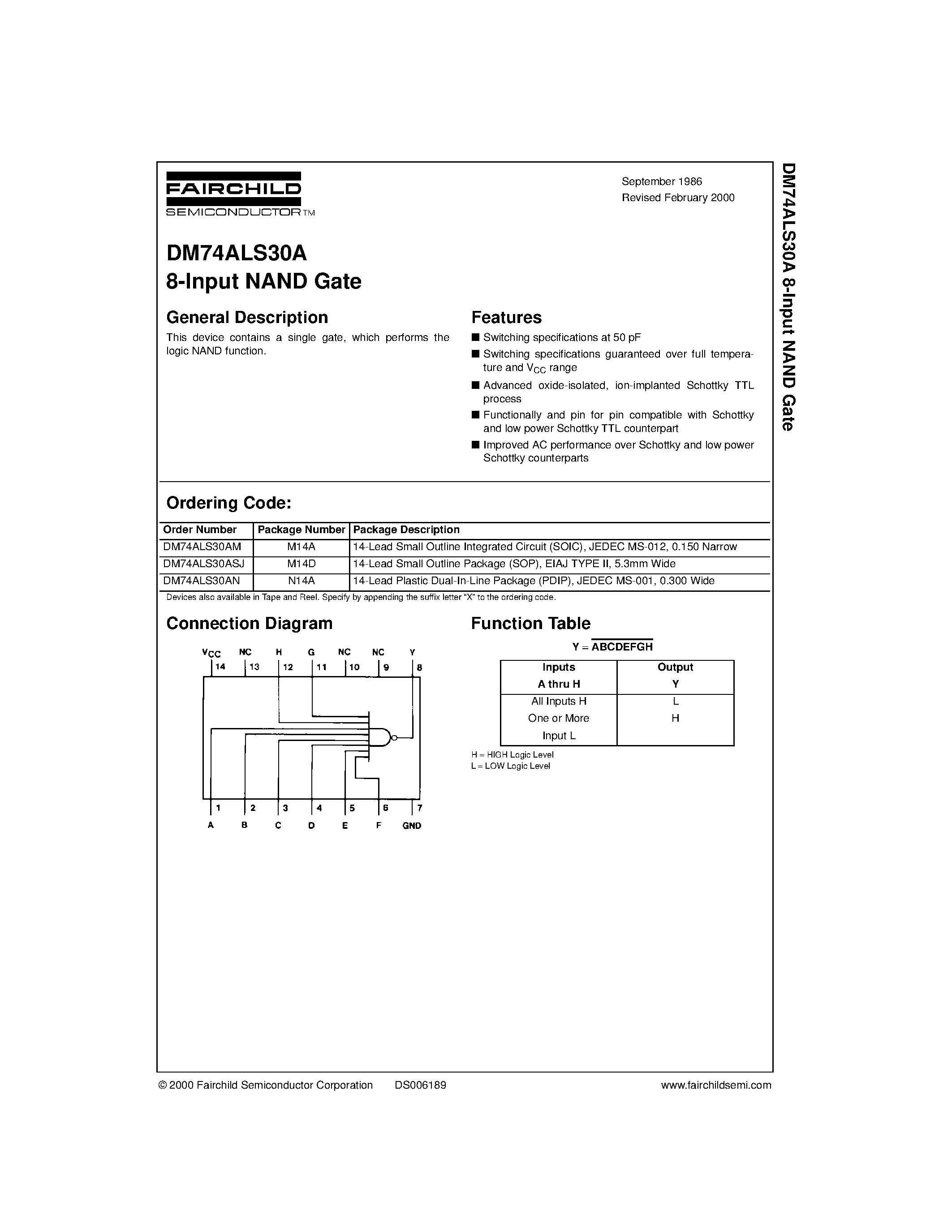 Datasheet DM74ALS30A - 8-Input NAND Gate page 1