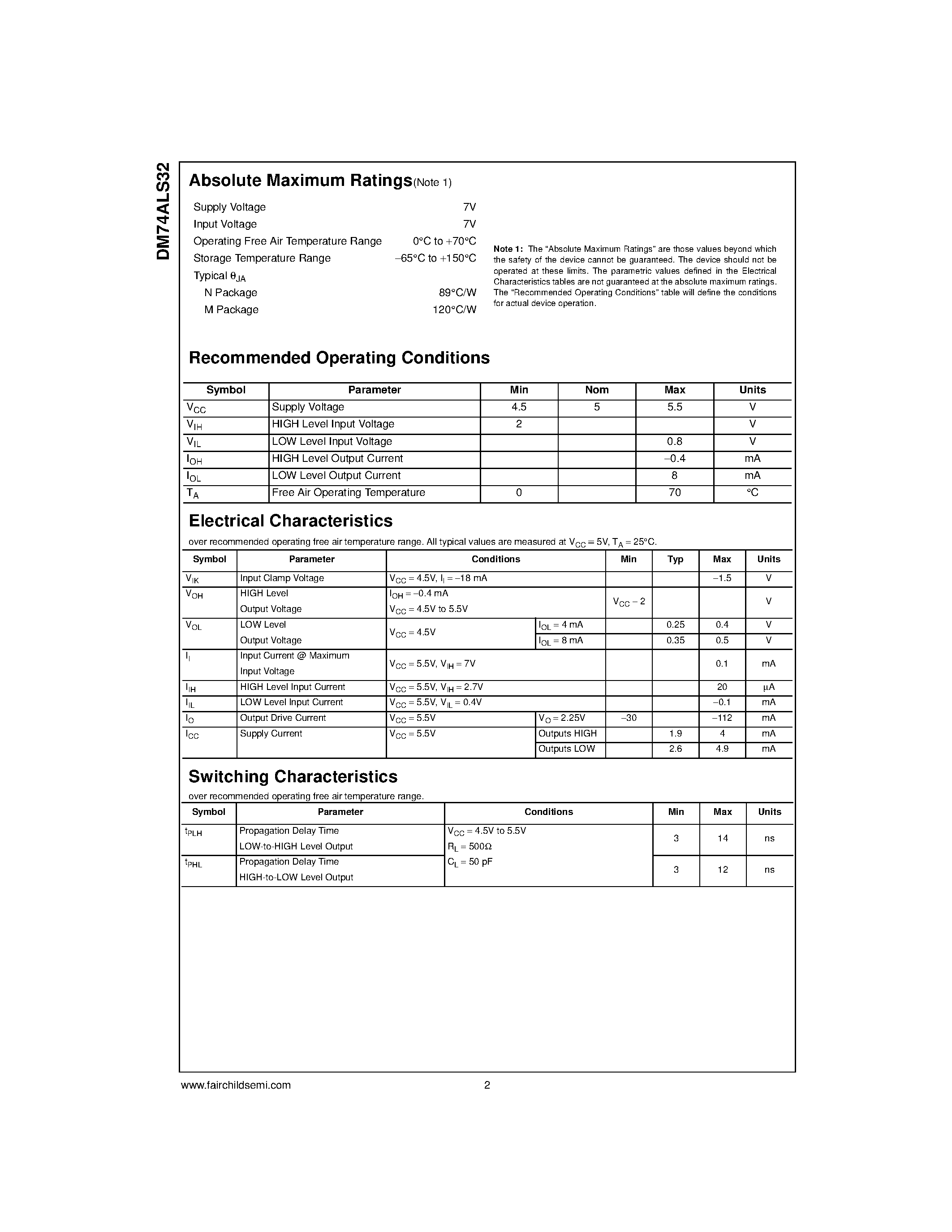 Datasheet DM74ALS32 - Quad 2-Input OR Gate page 2