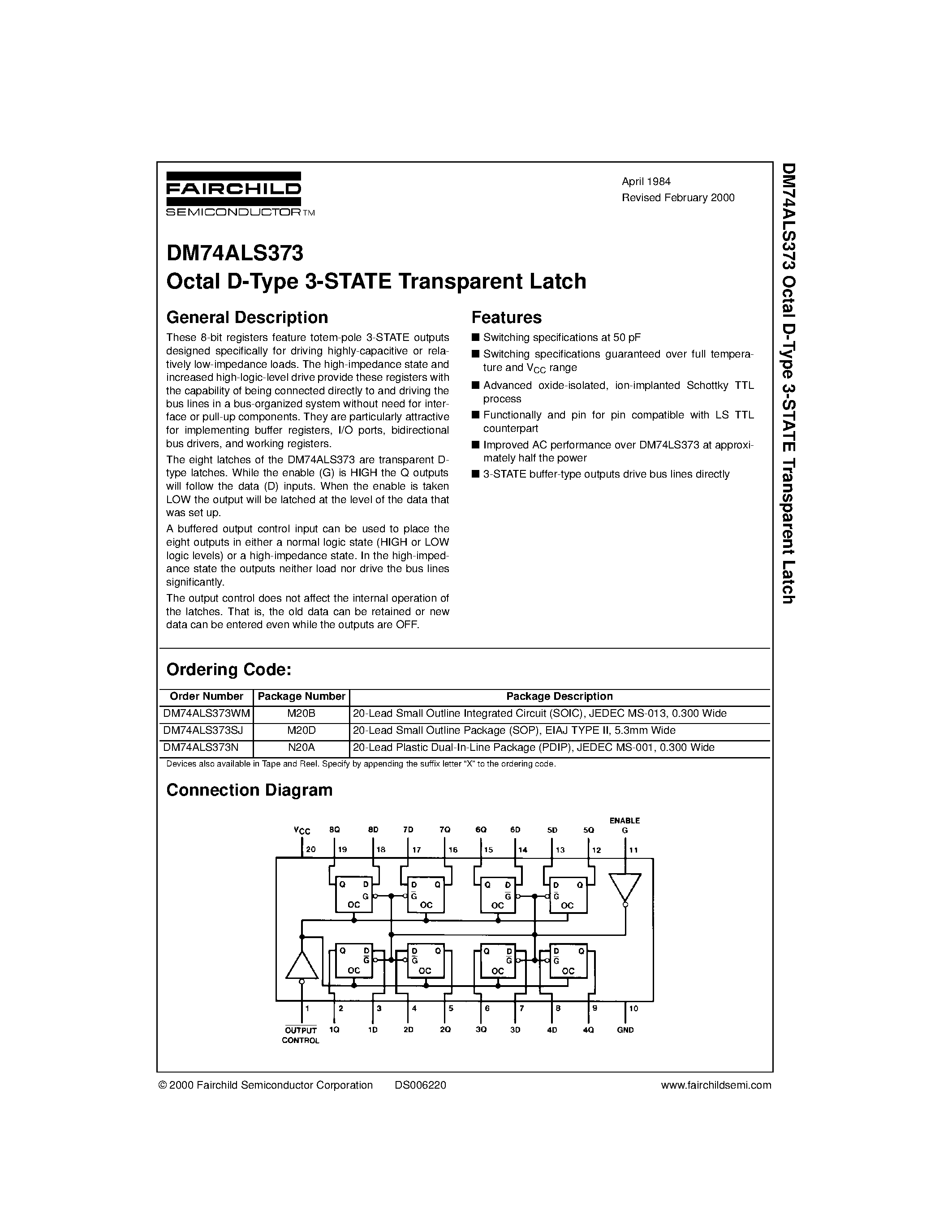 Datasheet DM74ALS373 - Octal D-Type 3-STATE Transparent Latch page 1