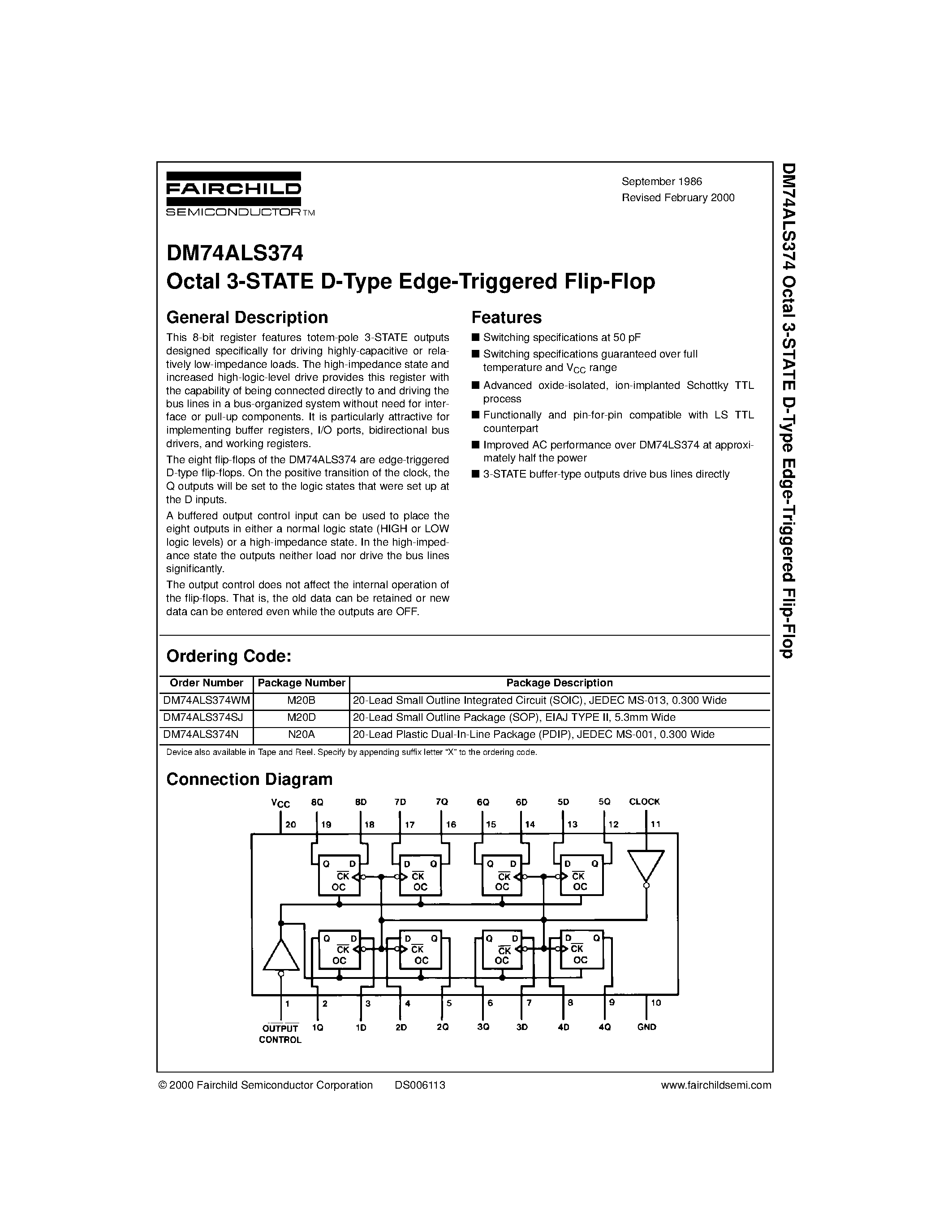 Datasheet DM74ALS374 - Octal 3-STATE D-Type Edge-Triggered Flip-Flop page 1