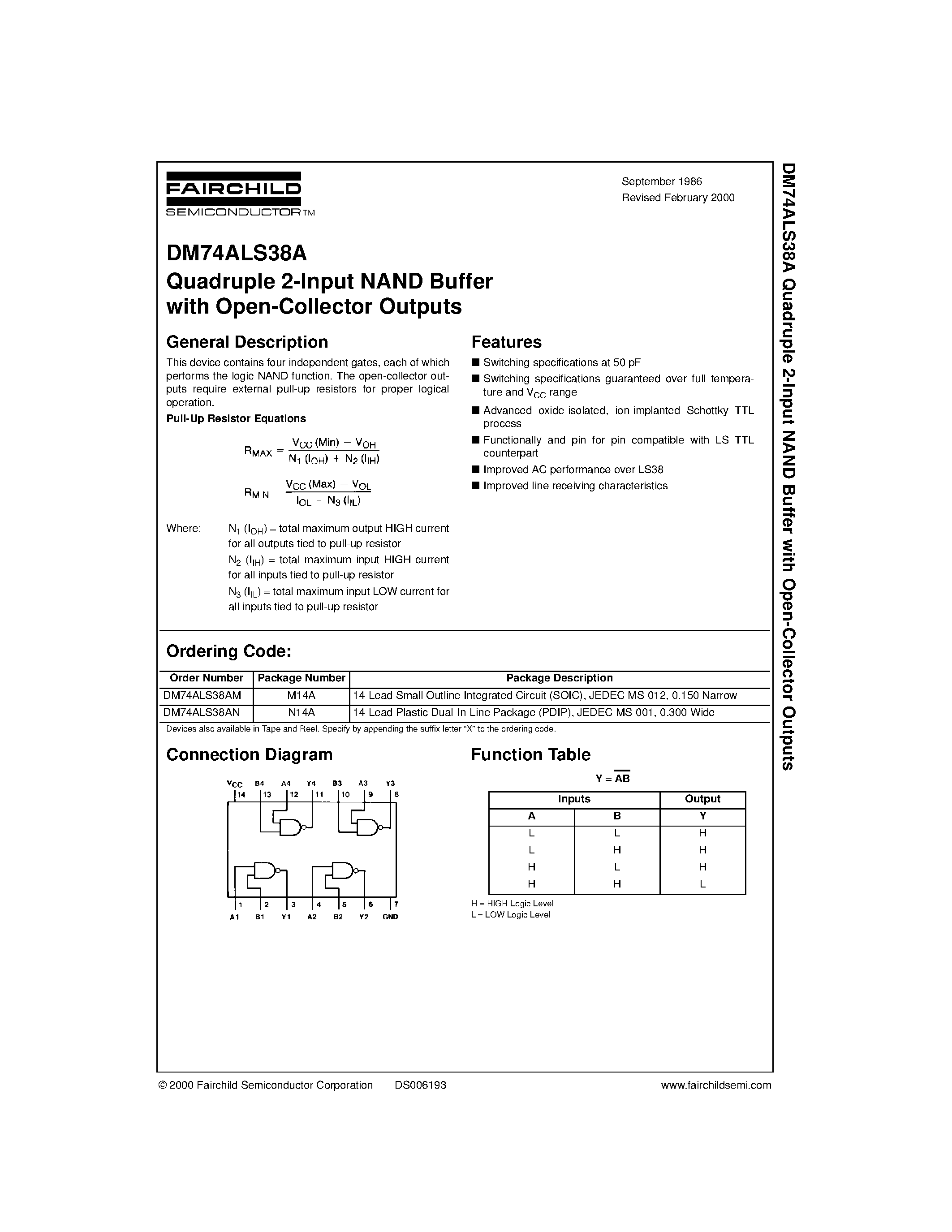 Datasheet DM74ALS38A - Quadruple 2-Input NAND Buffer with Open-Collector Outputs page 1