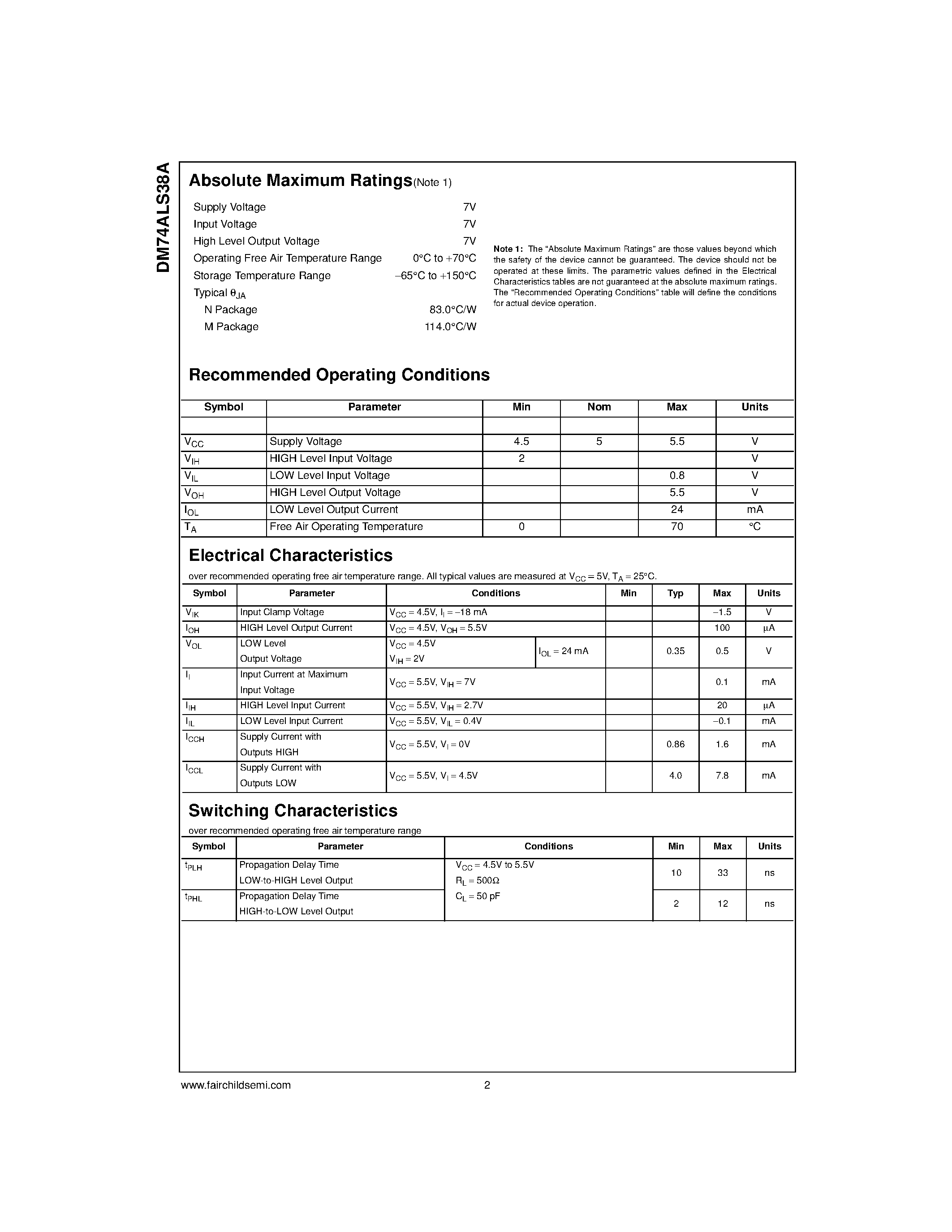 Datasheet DM74ALS38A - Quadruple 2-Input NAND Buffer with Open-Collector Outputs page 2