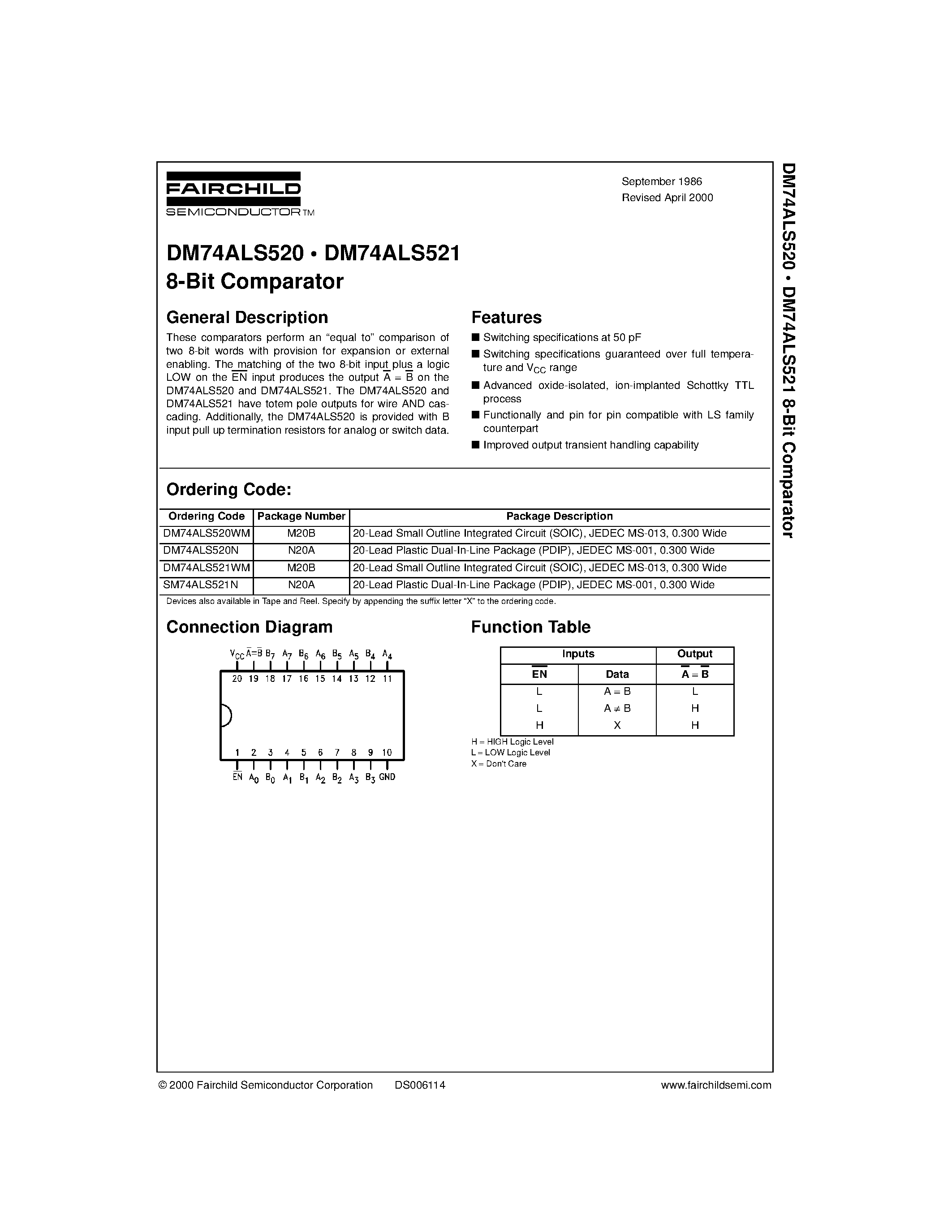 Datasheet DM74ALS520 - 8-Bit Comparator page 1