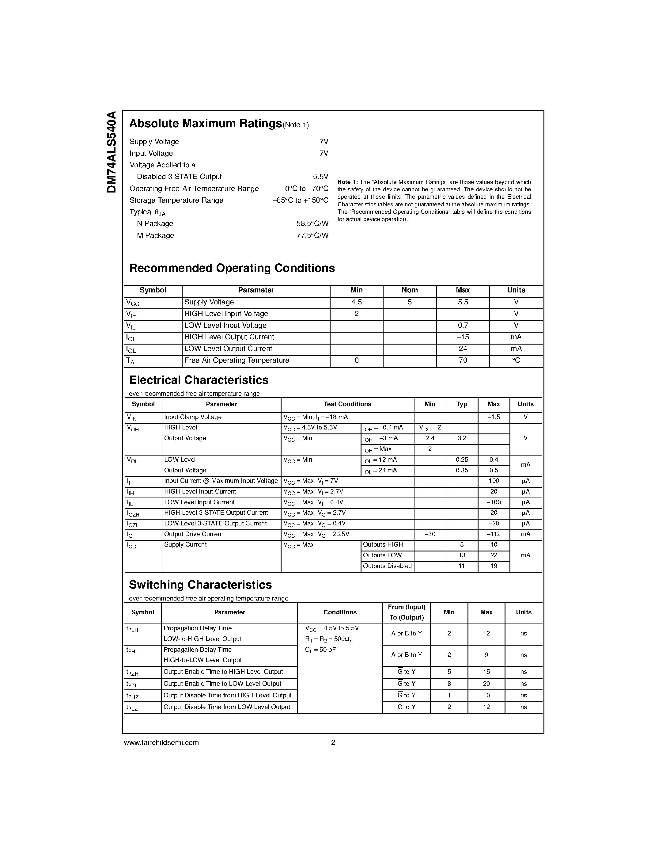 Datasheet DM74ALS540A - Octal Inverting Buffer and Line Driver with 3-STATE Outputs page 2