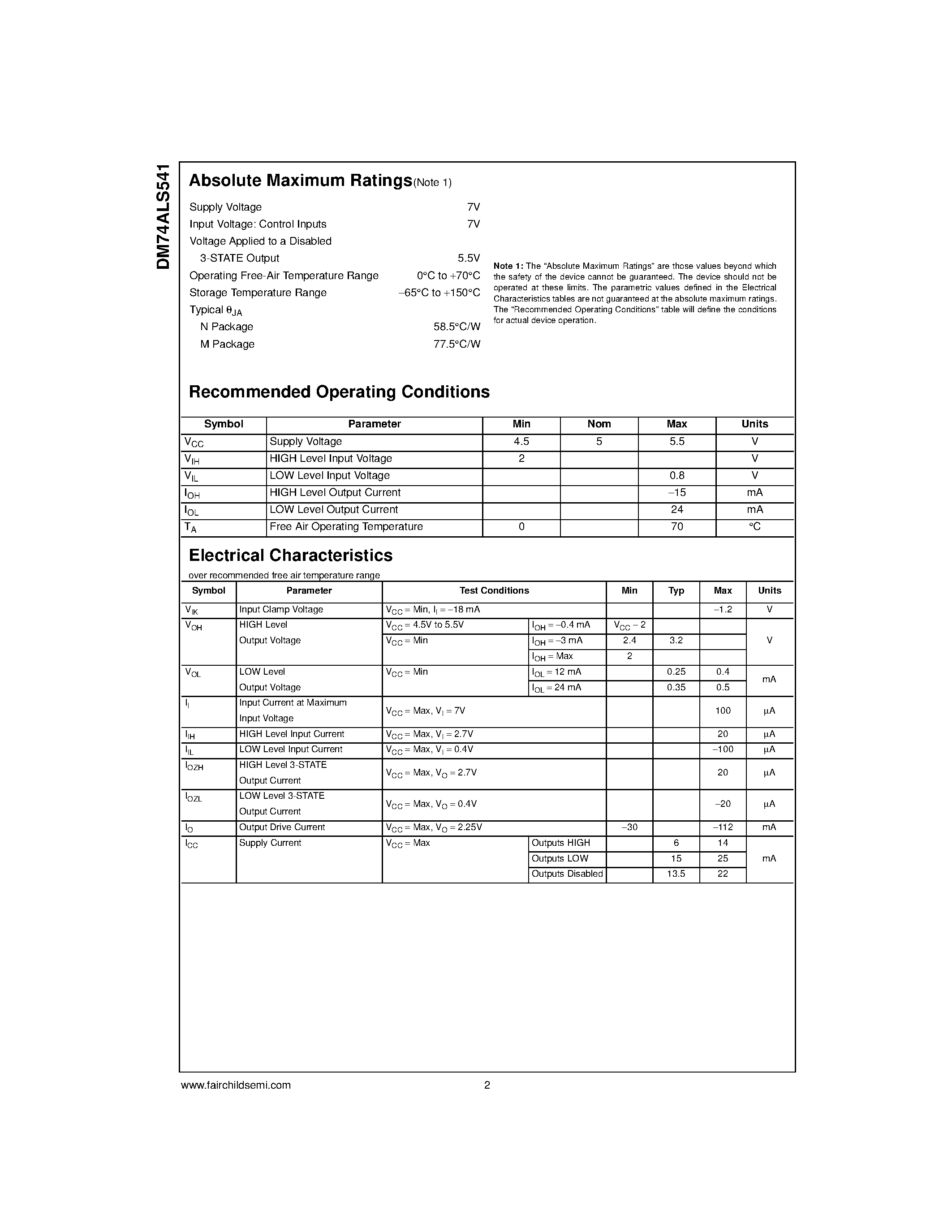 Datasheet DM74ALS541 - Octal Buffer and Line Driver with 3-STATE Outputs page 2