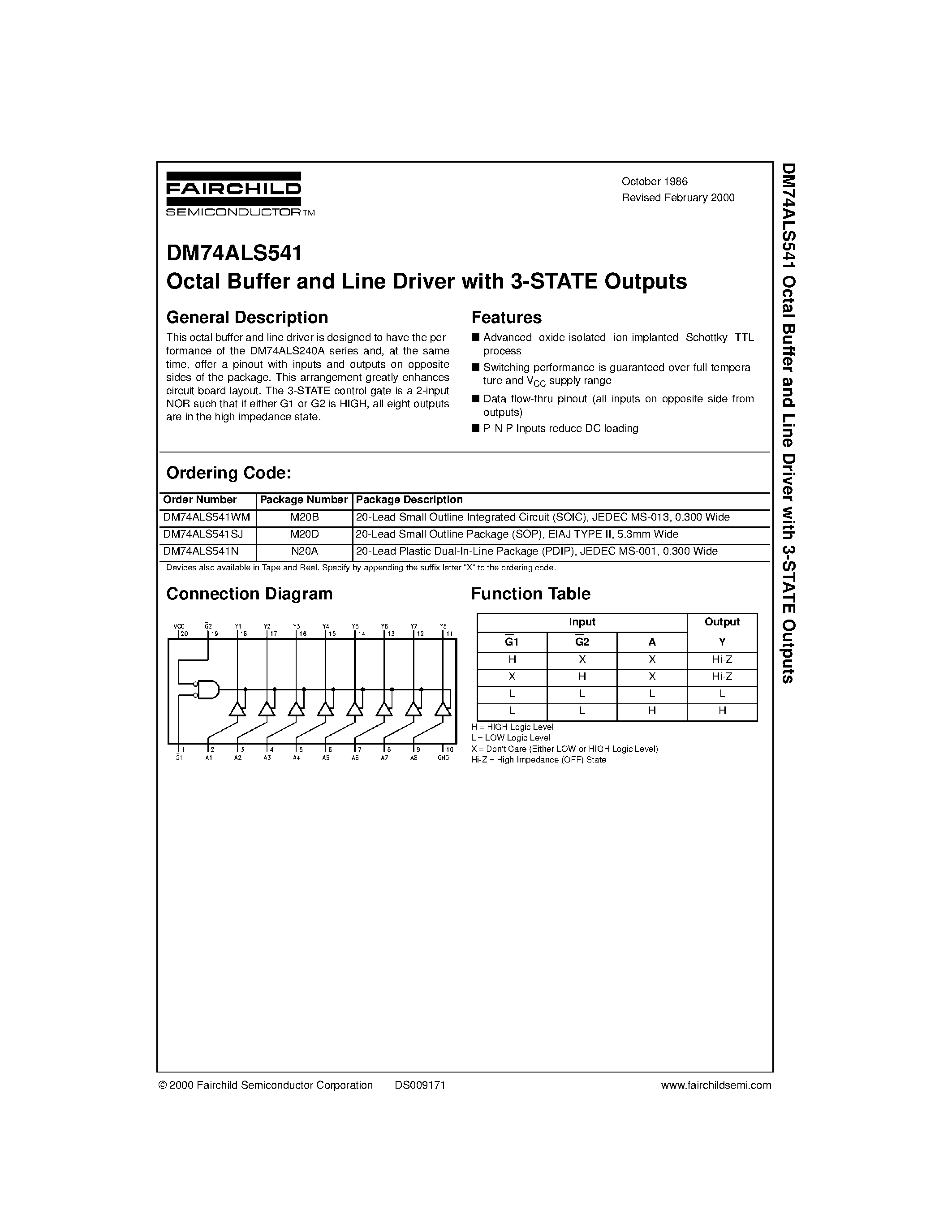 Datasheet DM74ALS541N - Octal Buffer and Line Driver with 3-STATE Outputs page 1