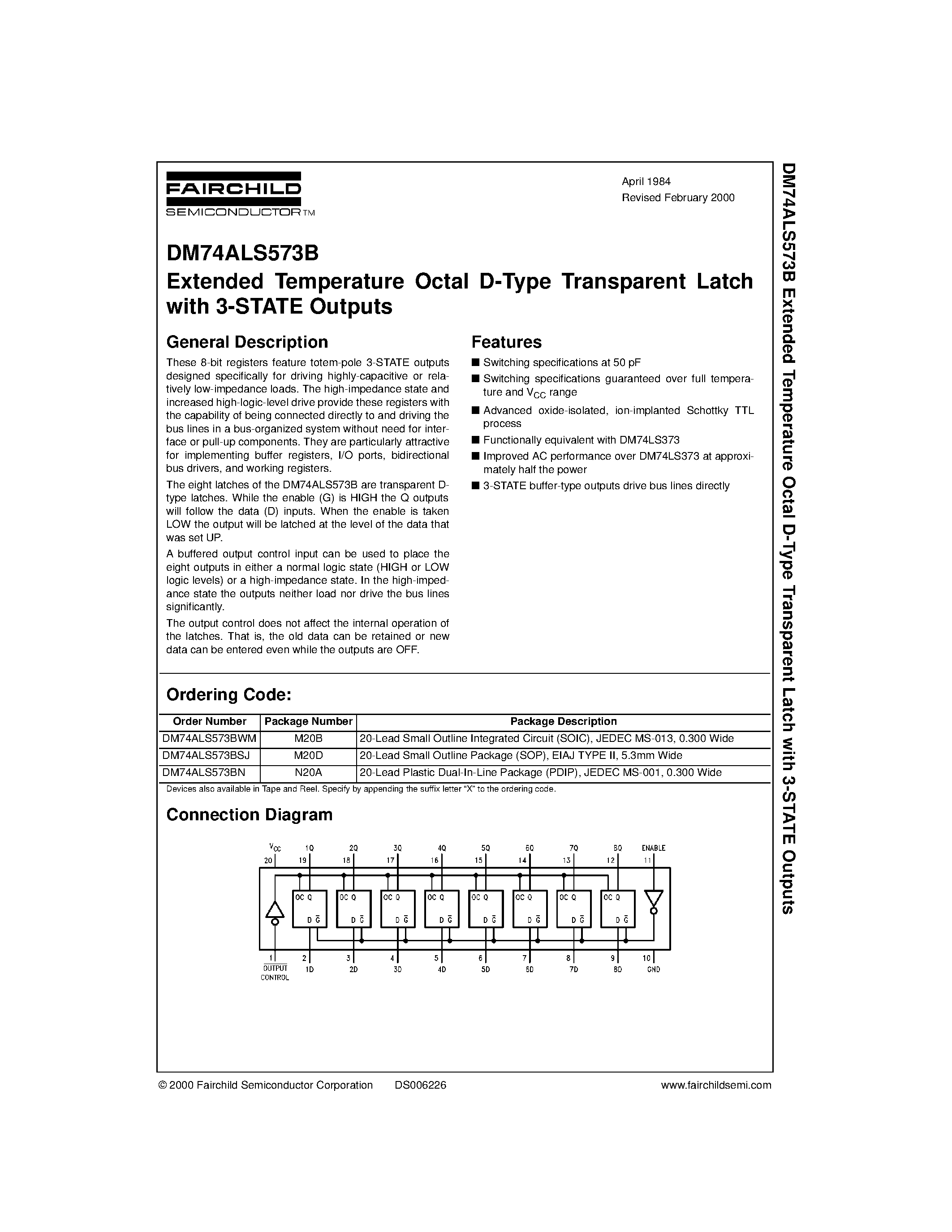 Datasheet DM74ALS573BWM - Extended Temperature Octal D-Type Transparent Latch page 1