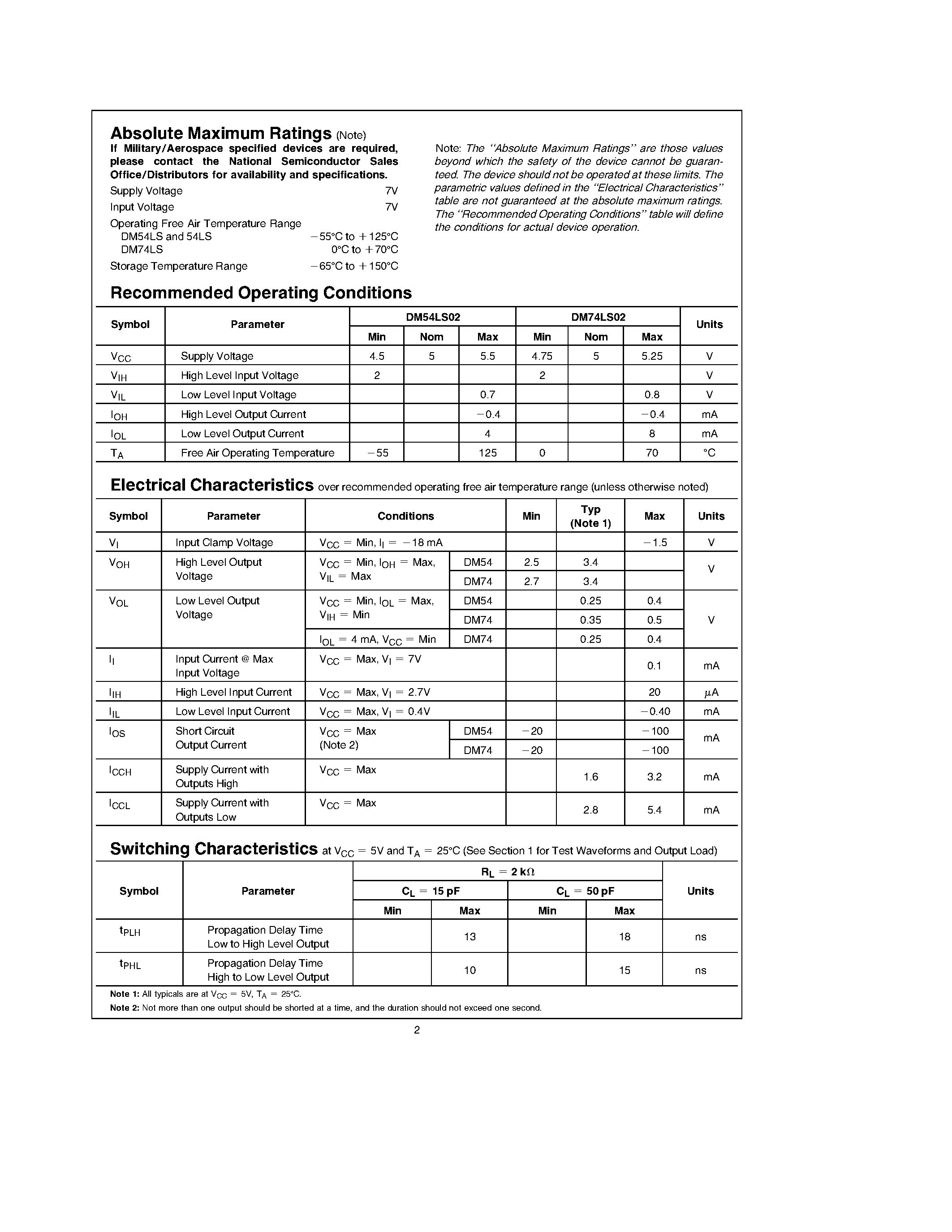 Datasheet DM74LS02M - Quad 2-Input NOR Gates page 2