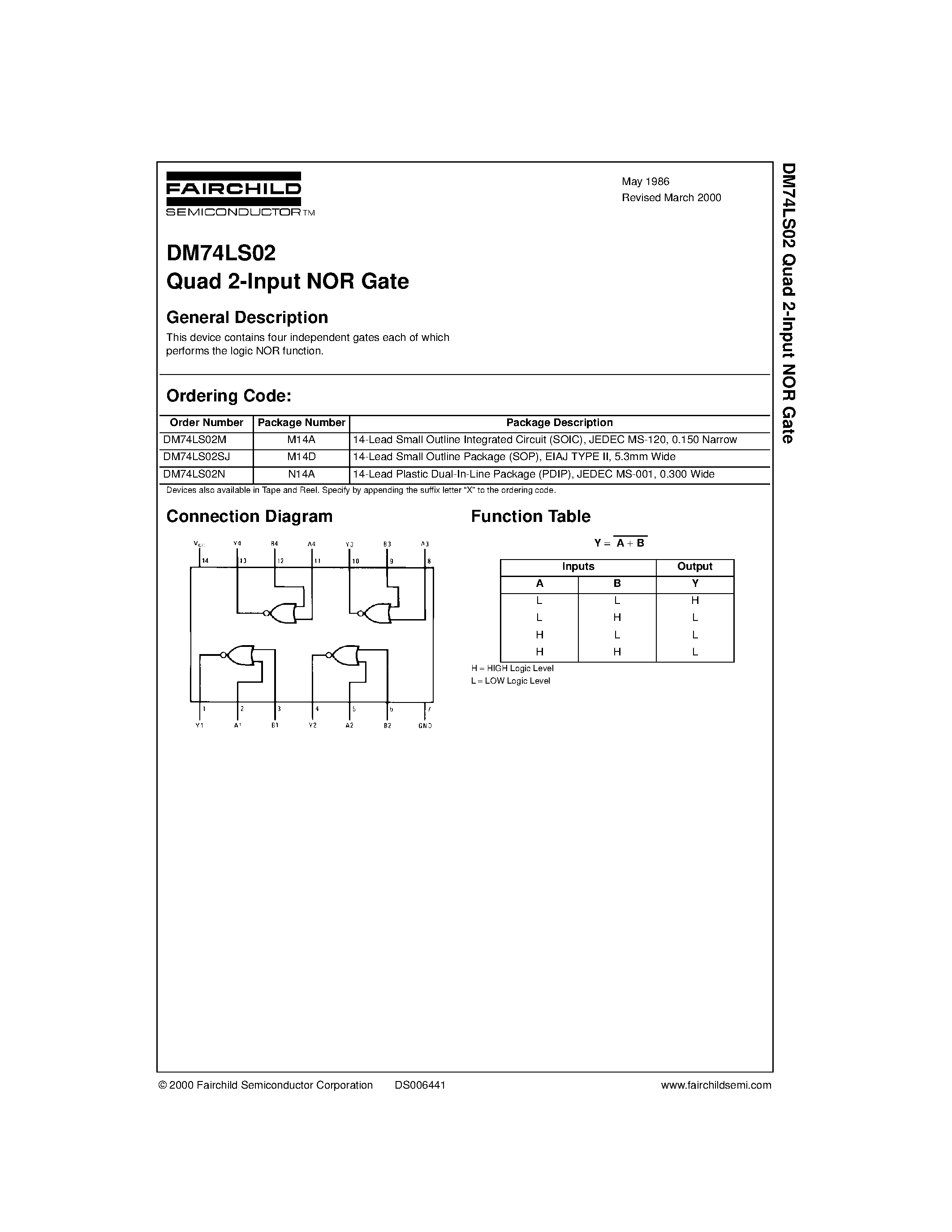 Datasheet DM74LS02N - Quad 2-Input NOR Gate page 1