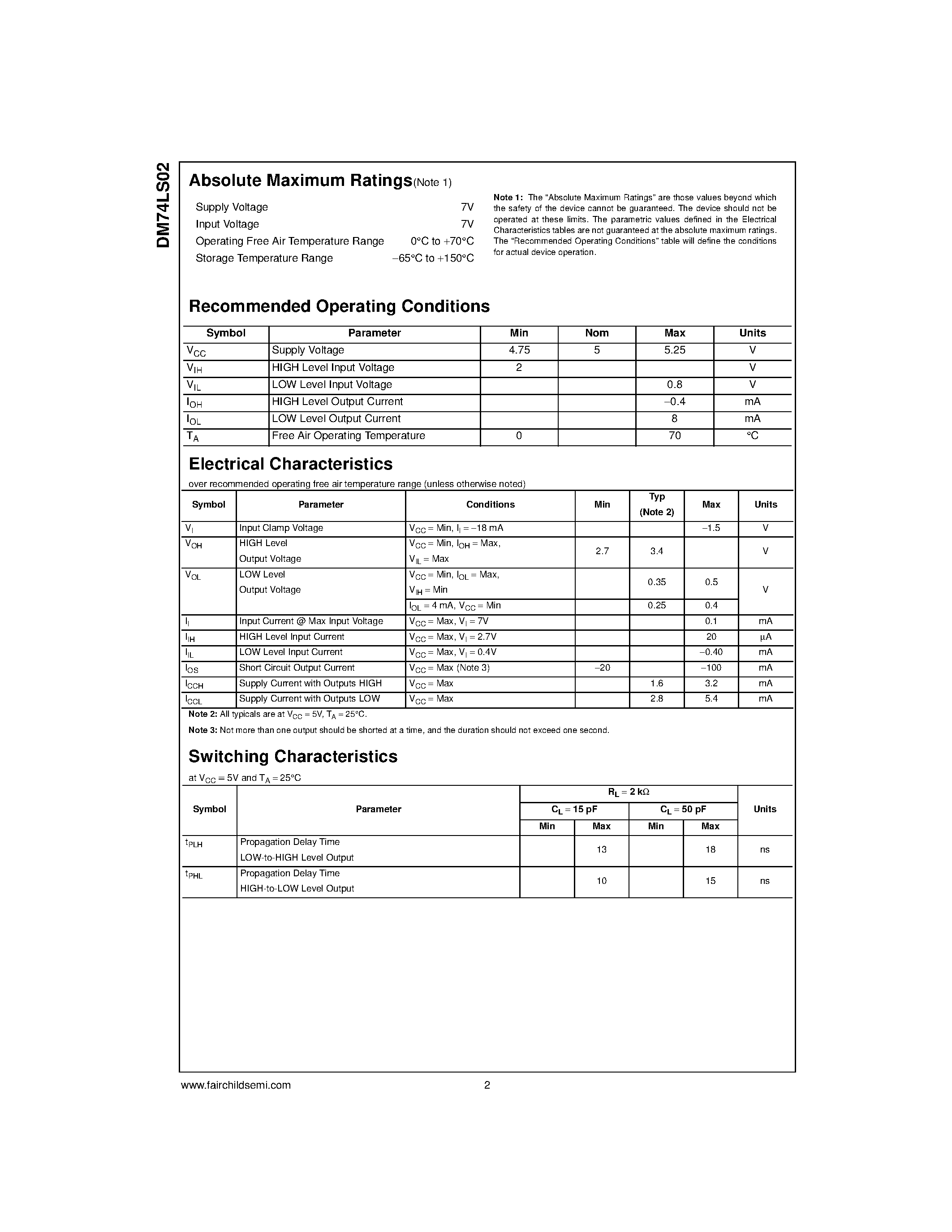 Datasheet DM74LS02N - Quad 2-Input NOR Gate page 2