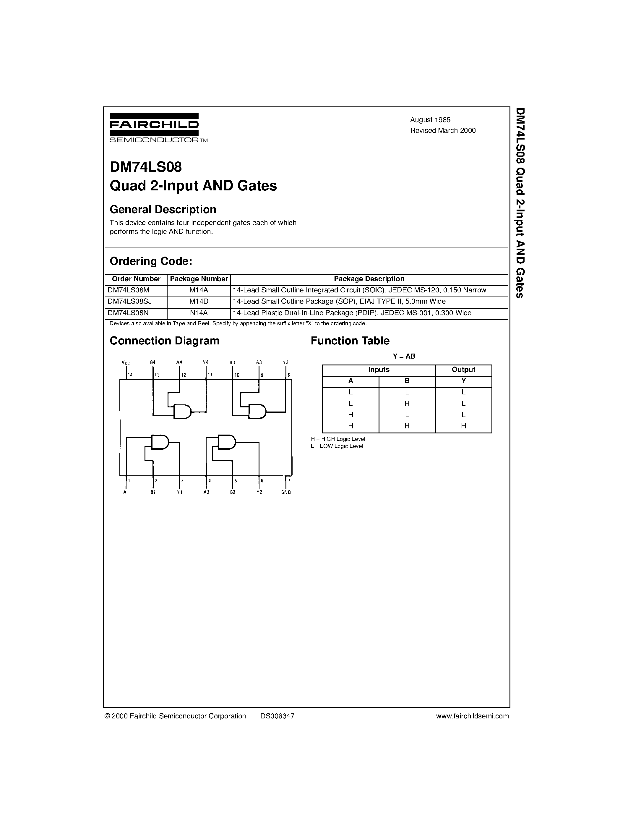 Datasheet DM74LS08N - Quad 2-Input AND Gates page 1