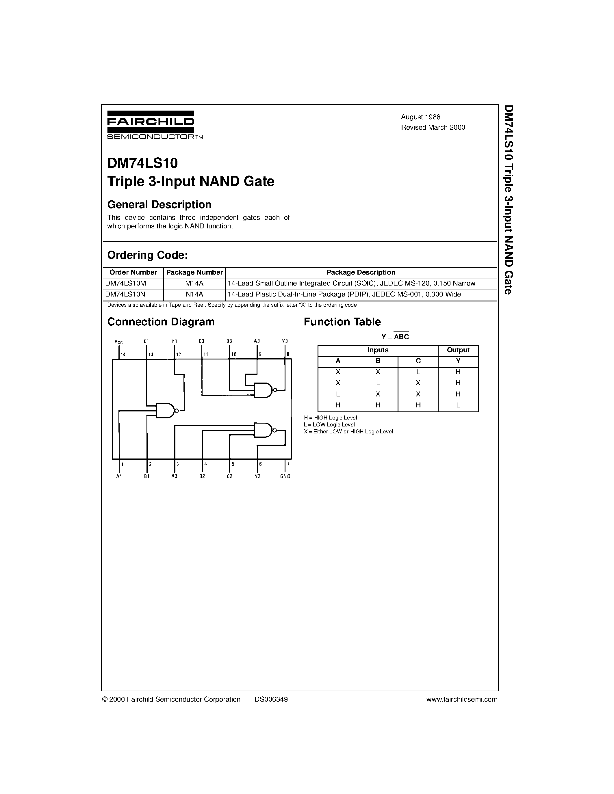 Datasheet DM74LS10 - Triple 3-Input NAND Gate page 1