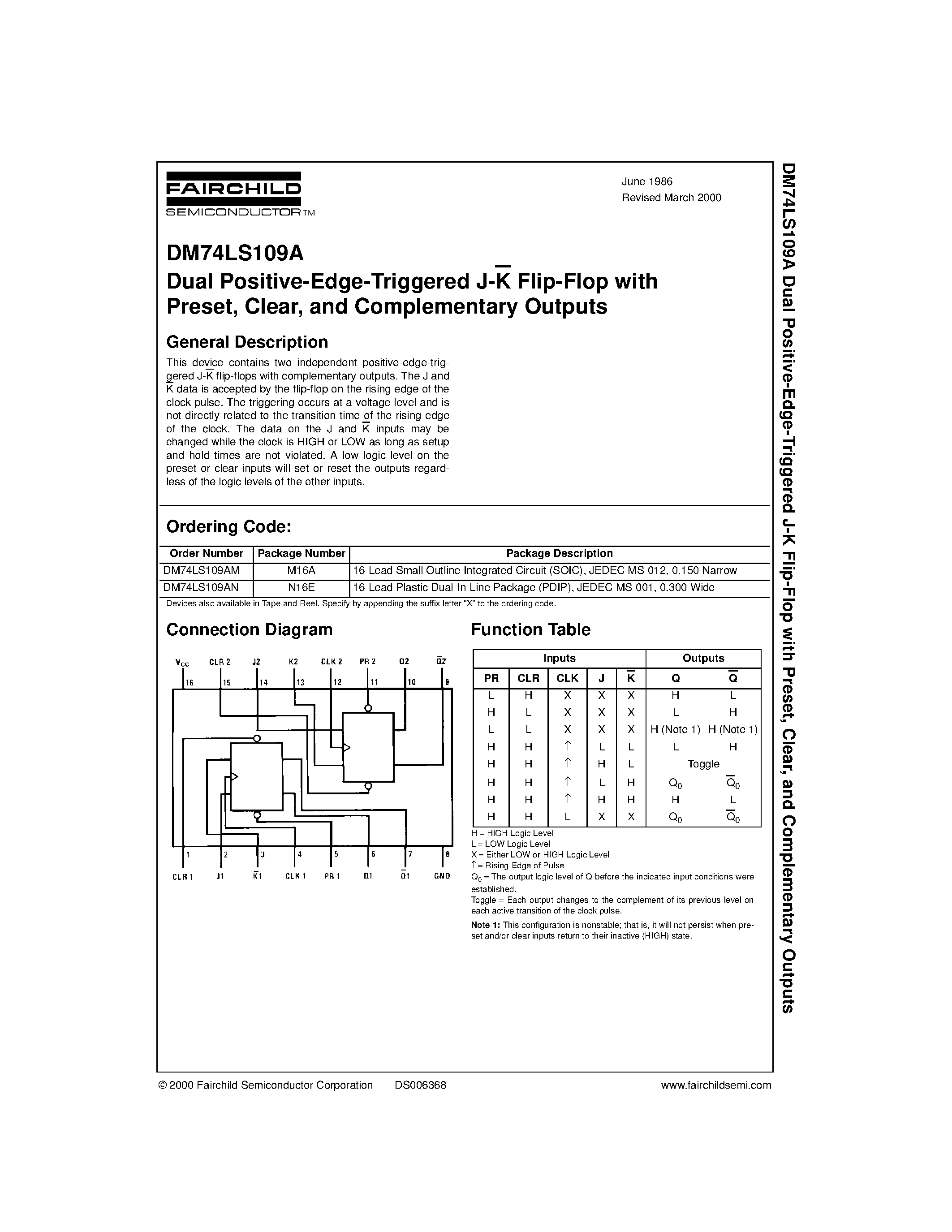 Datasheet DM74LS109 - Dual Positive-Edge-Triggered J-K Flip-Flop with Preset/ Clear/ and Complementary Outputs page 1