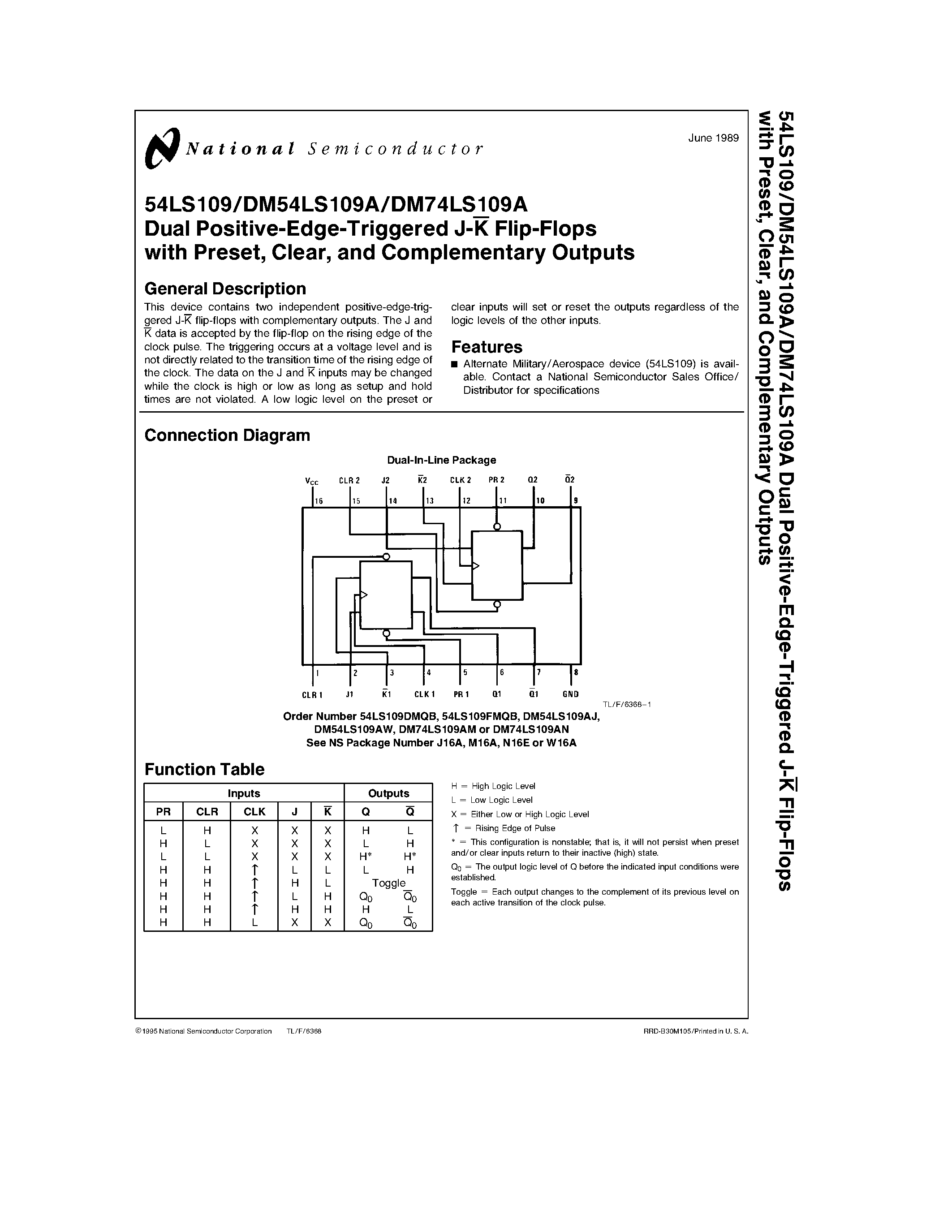 Datasheet DM74LS109A - Dual Positive-Edge-Triggered J-K Flip-Flops with Preset/ Clear/ and Complementary Outputs page 1