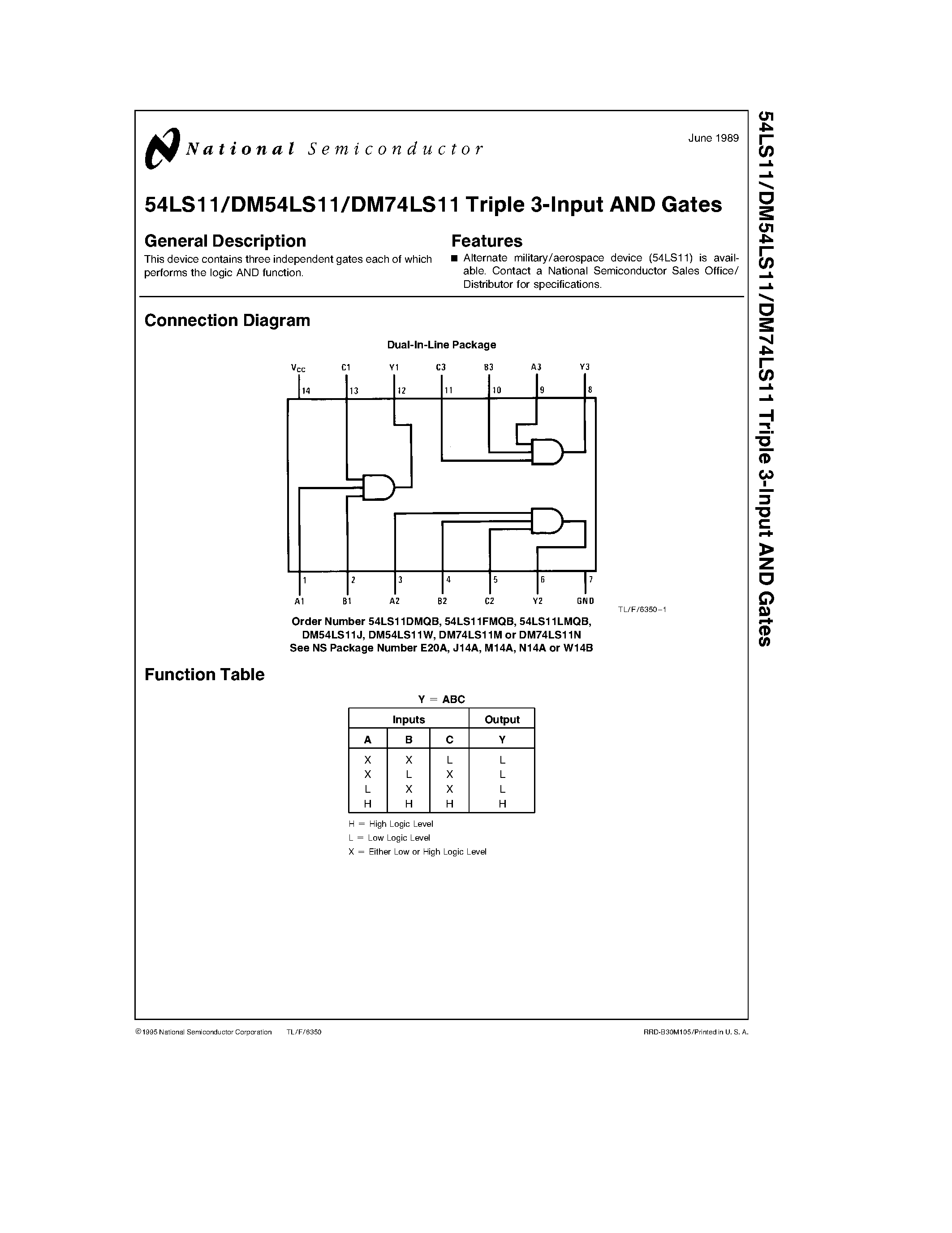 Datasheet DM74LS11 - Triple 3-Input AND Gates page 1