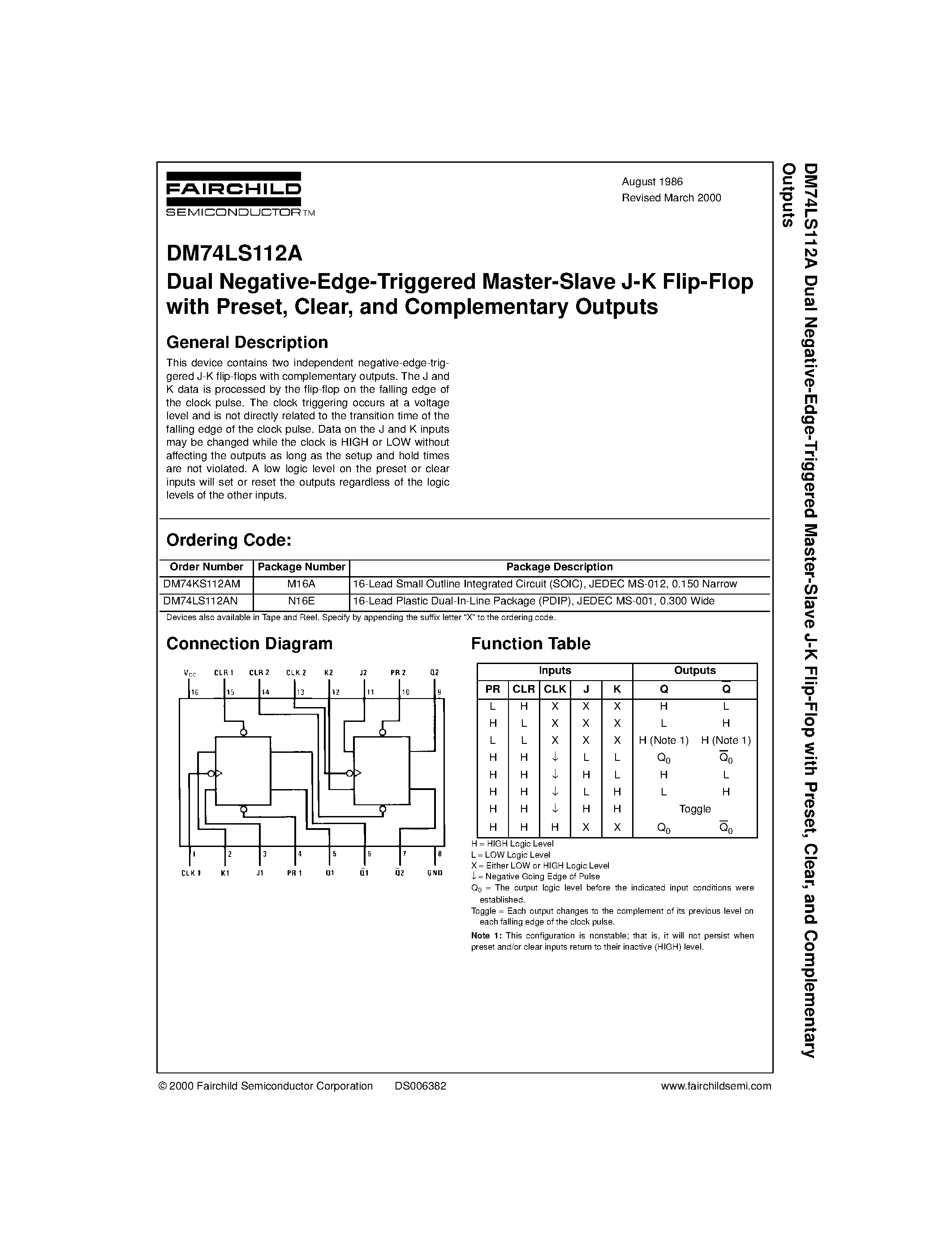 Datasheet DM74LS112A - Dual Negative-Edge-Triggered Master-Slave J-K Flip-Flop with Preset/ Clear/ and Complementary Outputs page 1