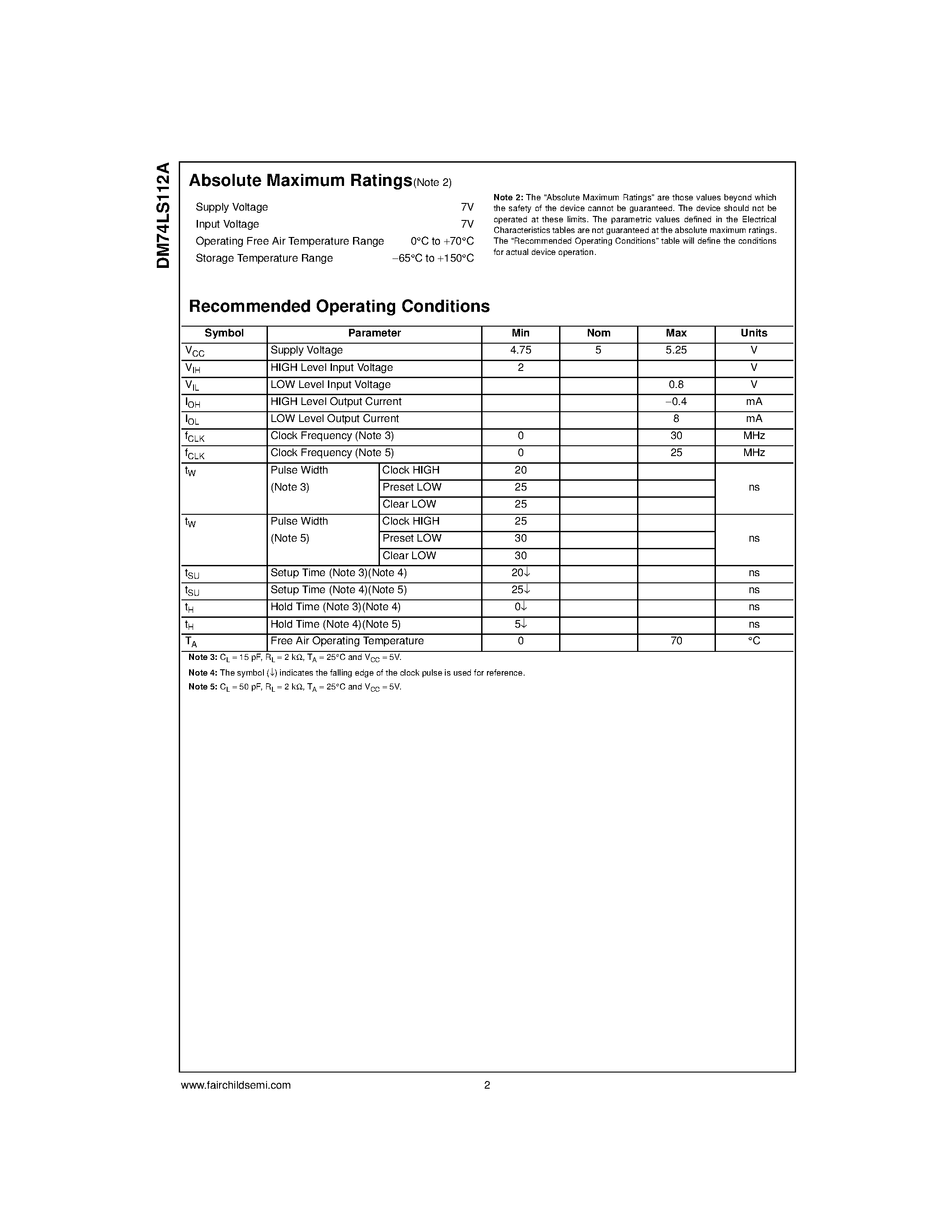 Datasheet DM74LS112A - Dual Negative-Edge-Triggered Master-Slave J-K Flip-Flop with Preset/ Clear/ and Complementary Outputs page 2